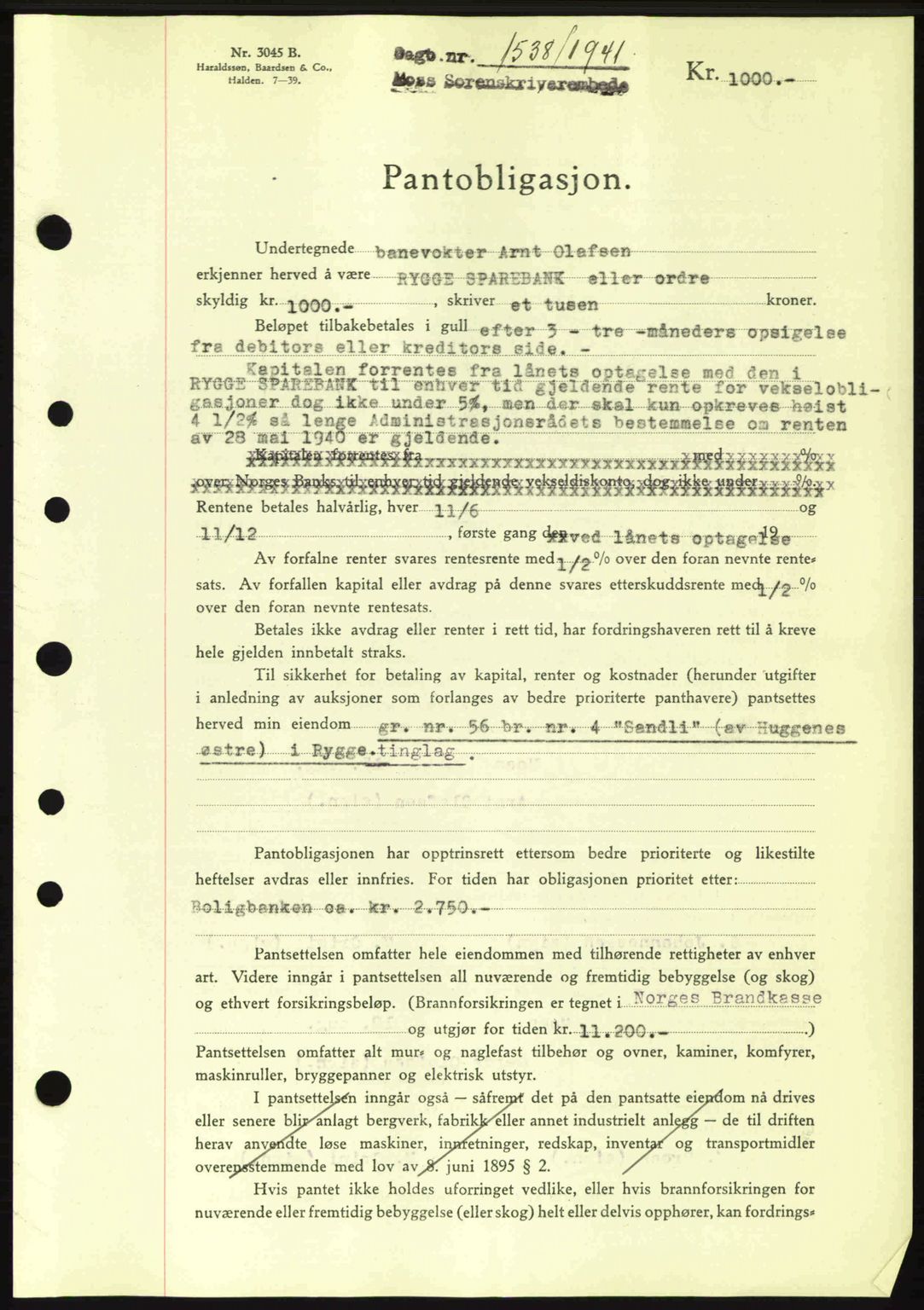 Moss sorenskriveri, AV/SAO-A-10168: Mortgage book no. B11, 1941-1942, Diary no: : 1538/1941