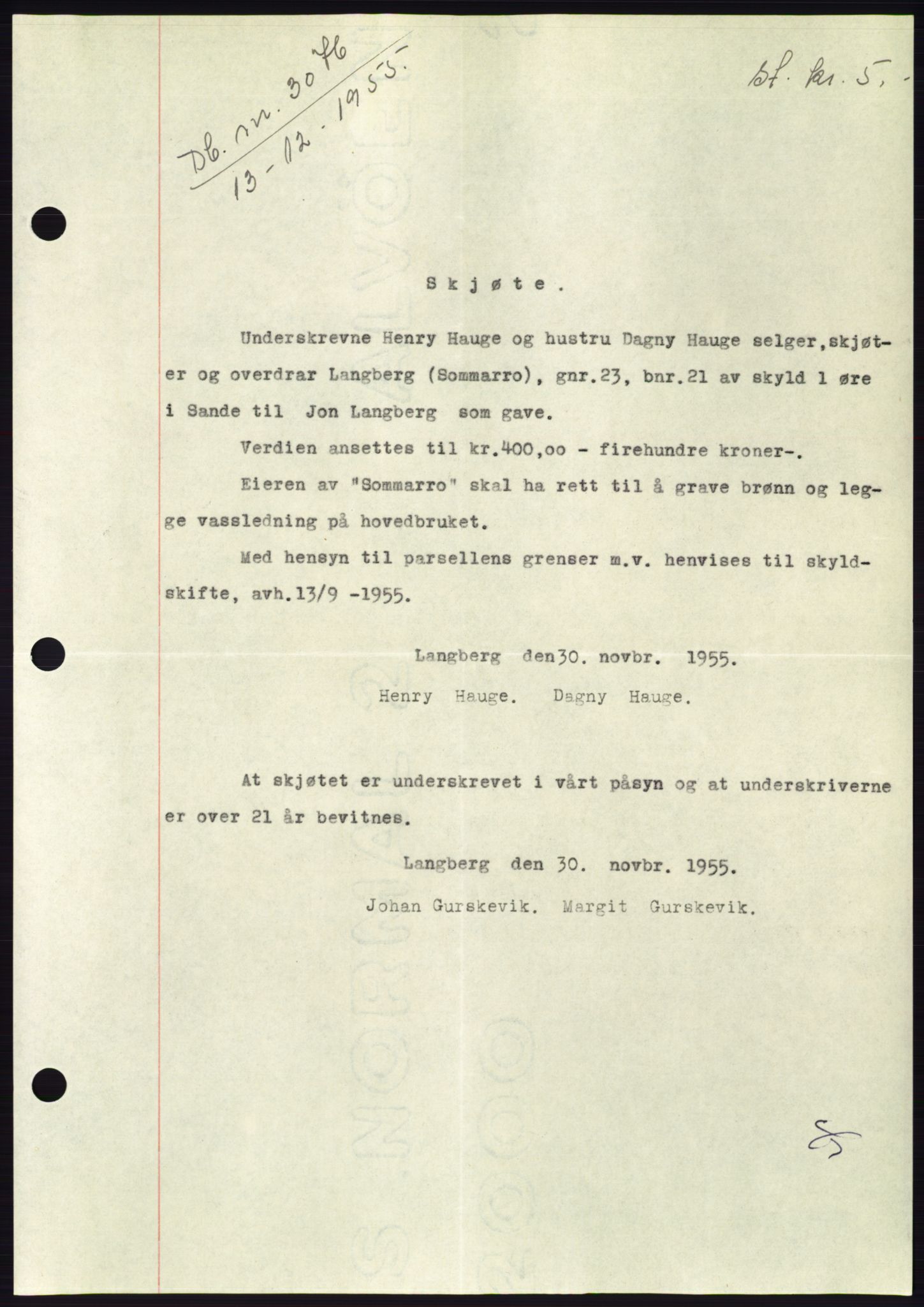 Søre Sunnmøre sorenskriveri, AV/SAT-A-4122/1/2/2C/L0102: Mortgage book no. 28A, 1955-1956, Diary no: : 3076/1955
