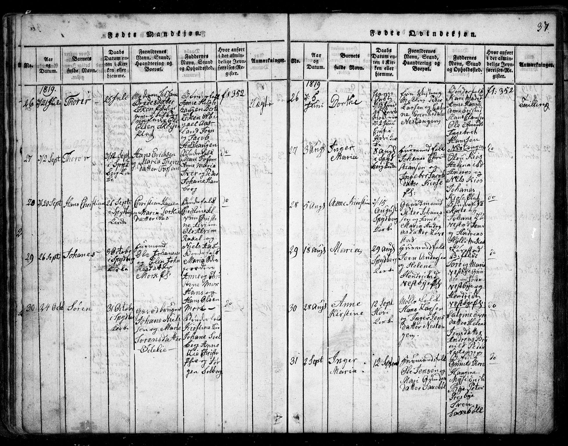 Spydeberg prestekontor Kirkebøker, AV/SAO-A-10924/G/Ga/L0001: Parish register (copy) no. I 1, 1814-1868, p. 37