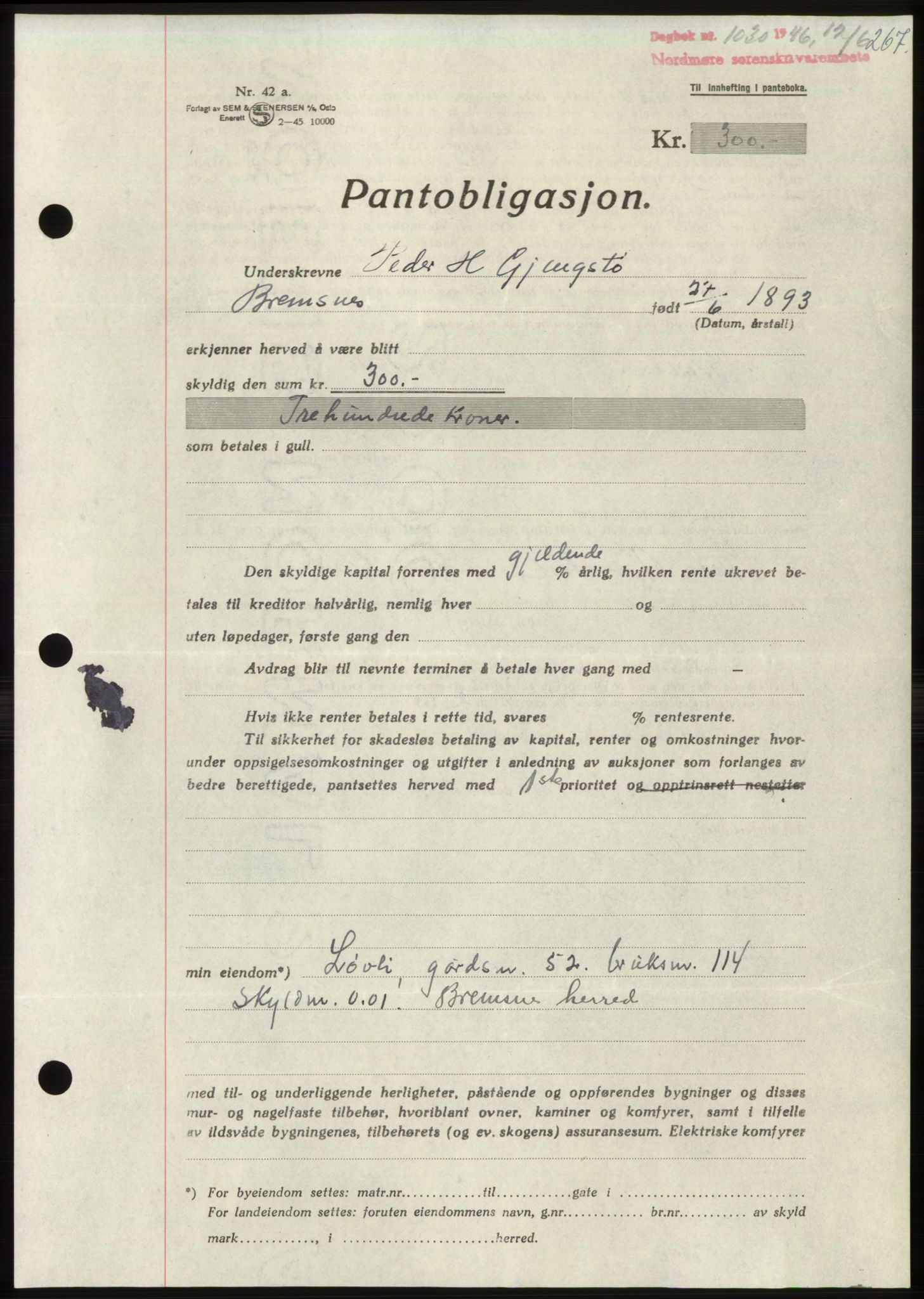 Nordmøre sorenskriveri, AV/SAT-A-4132/1/2/2Ca: Mortgage book no. B94, 1946-1946, Diary no: : 1030/1946