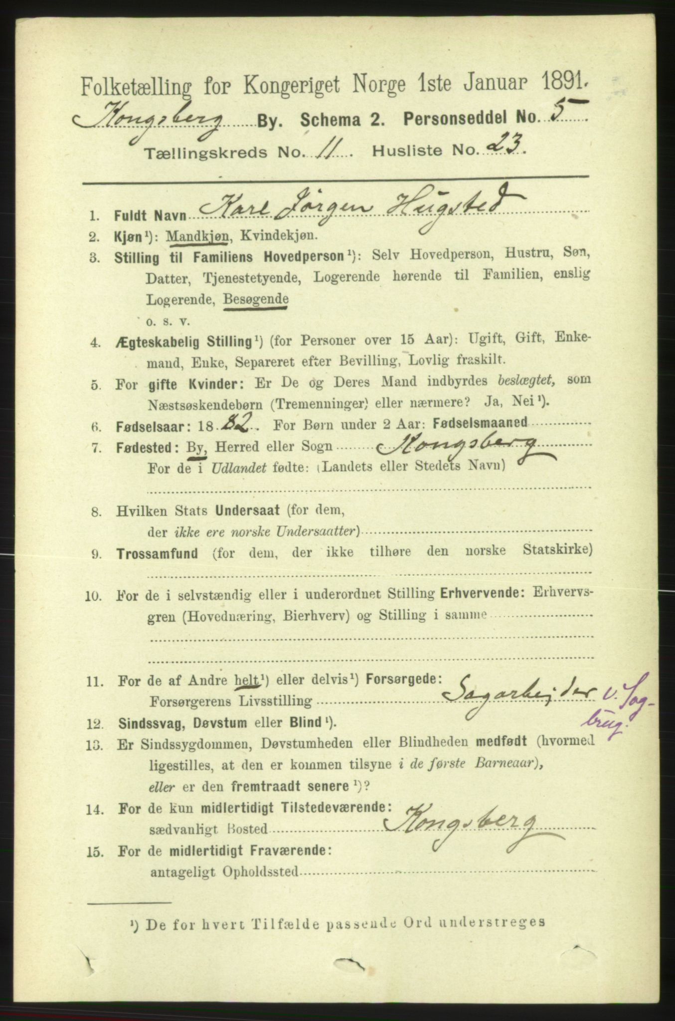 RA, 1891 census for 0604 Kongsberg, 1891, p. 6932