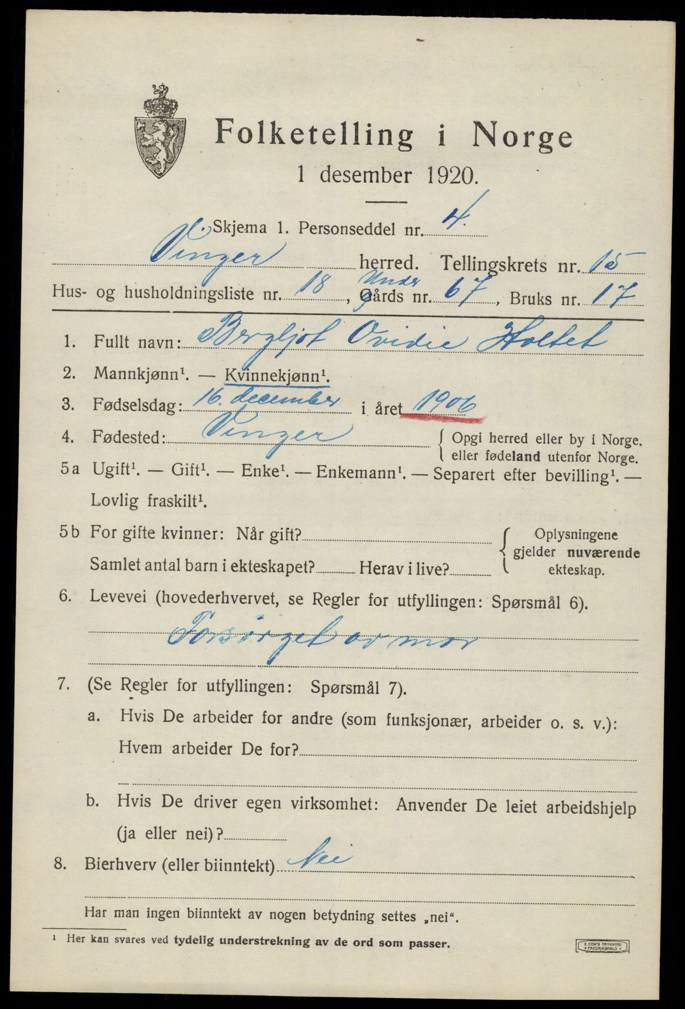 SAH, 1920 census for Vinger, 1920, p. 11888