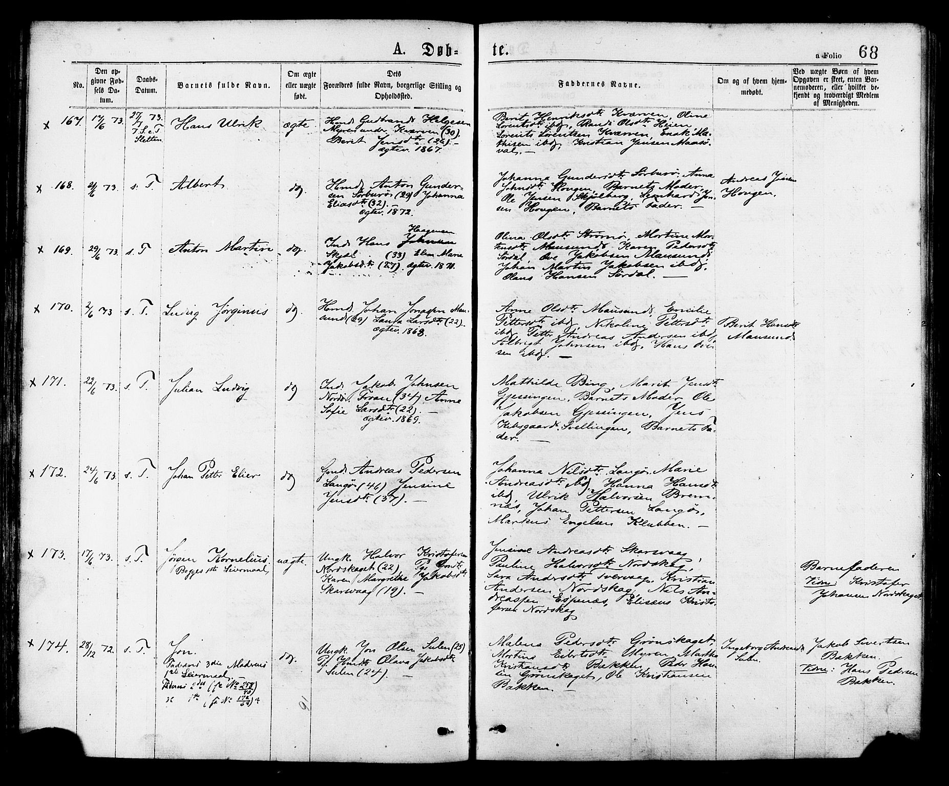 Ministerialprotokoller, klokkerbøker og fødselsregistre - Sør-Trøndelag, SAT/A-1456/634/L0532: Parish register (official) no. 634A08, 1871-1881, p. 68