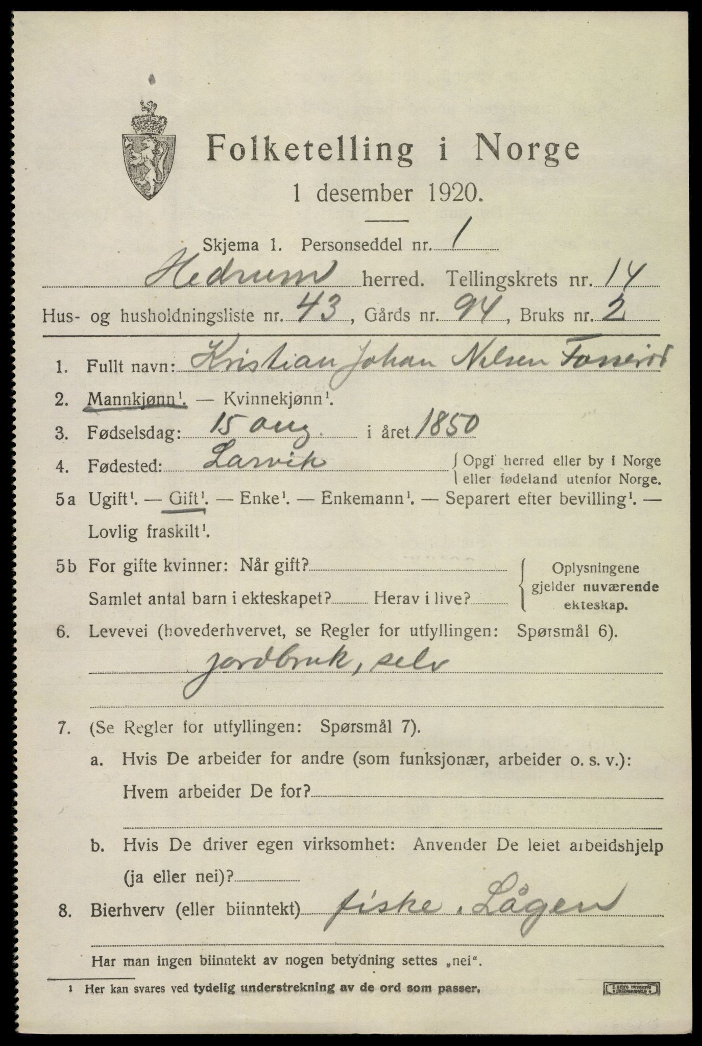 SAKO, 1920 census for Hedrum, 1920, p. 9577