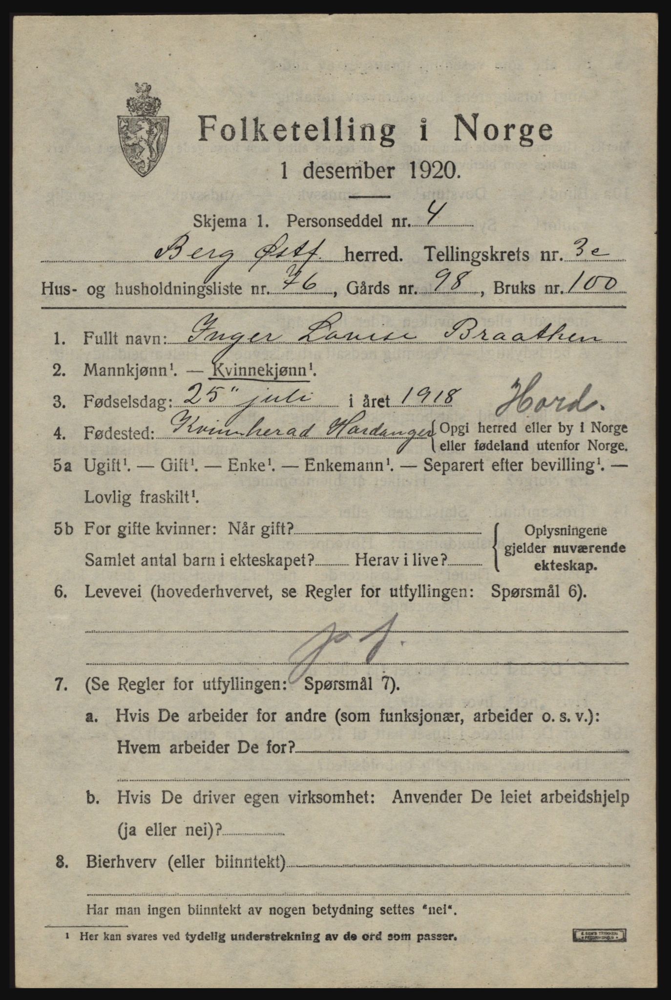 SAO, 1920 census for Berg, 1920, p. 8123