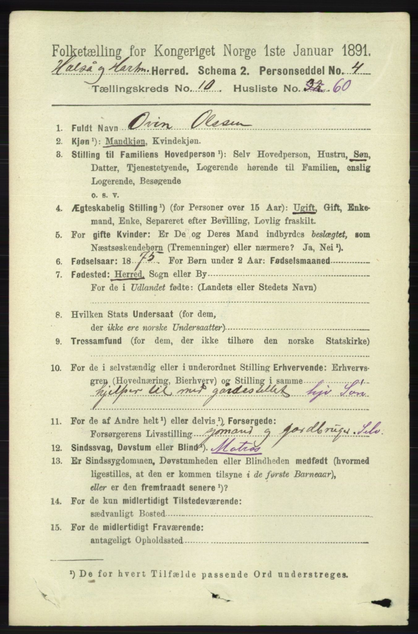 RA, 1891 census for 1019 Halse og Harkmark, 1891, p. 4136