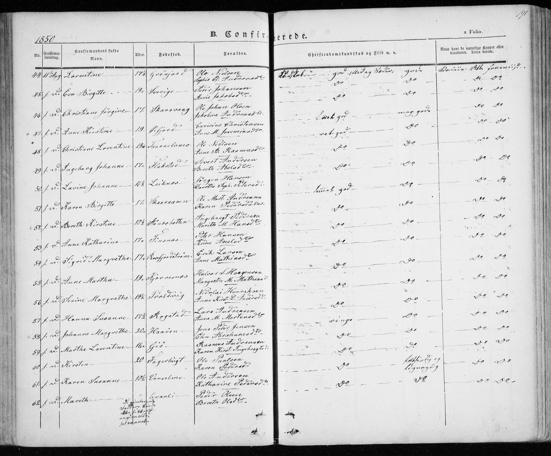 Lenvik sokneprestembete, SATØ/S-1310/H/Ha/Haa/L0006kirke: Parish register (official) no. 6, 1845-1854, p. 191
