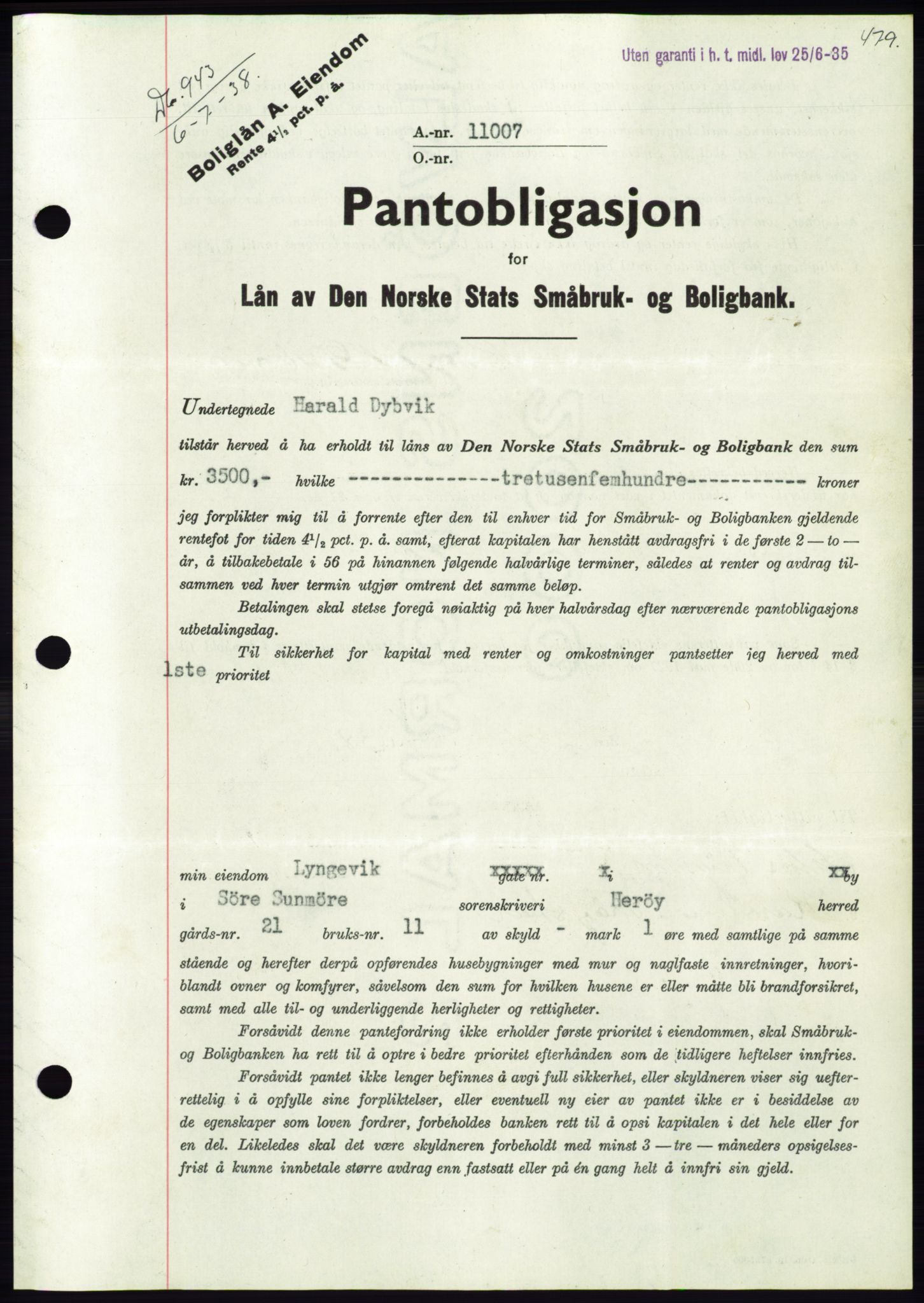 Søre Sunnmøre sorenskriveri, AV/SAT-A-4122/1/2/2C/L0065: Mortgage book no. 59, 1938-1938, Diary no: : 943/1938