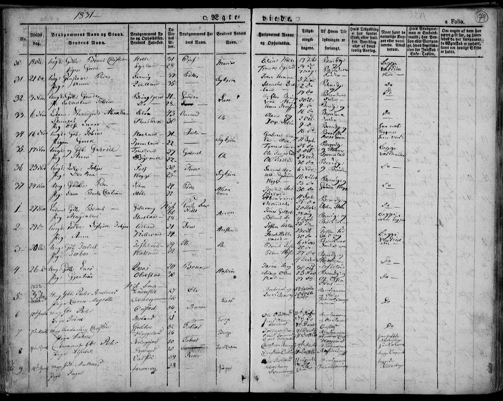 Lyngdal sokneprestkontor, SAK/1111-0029/F/Fa/Fac/L0007: Parish register (official) no. A 7, 1825-1838, p. 179