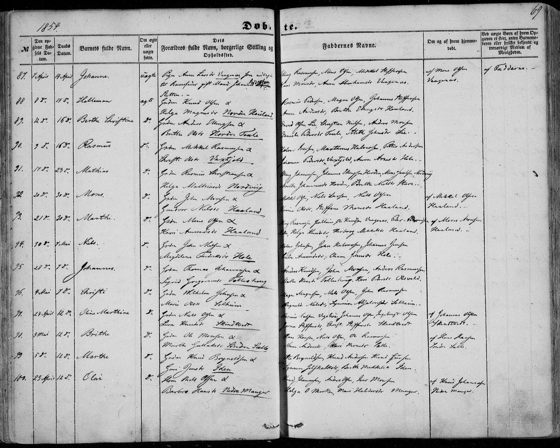 Manger sokneprestembete, AV/SAB-A-76801/H/Haa: Parish register (official) no. A 6, 1849-1859, p. 69