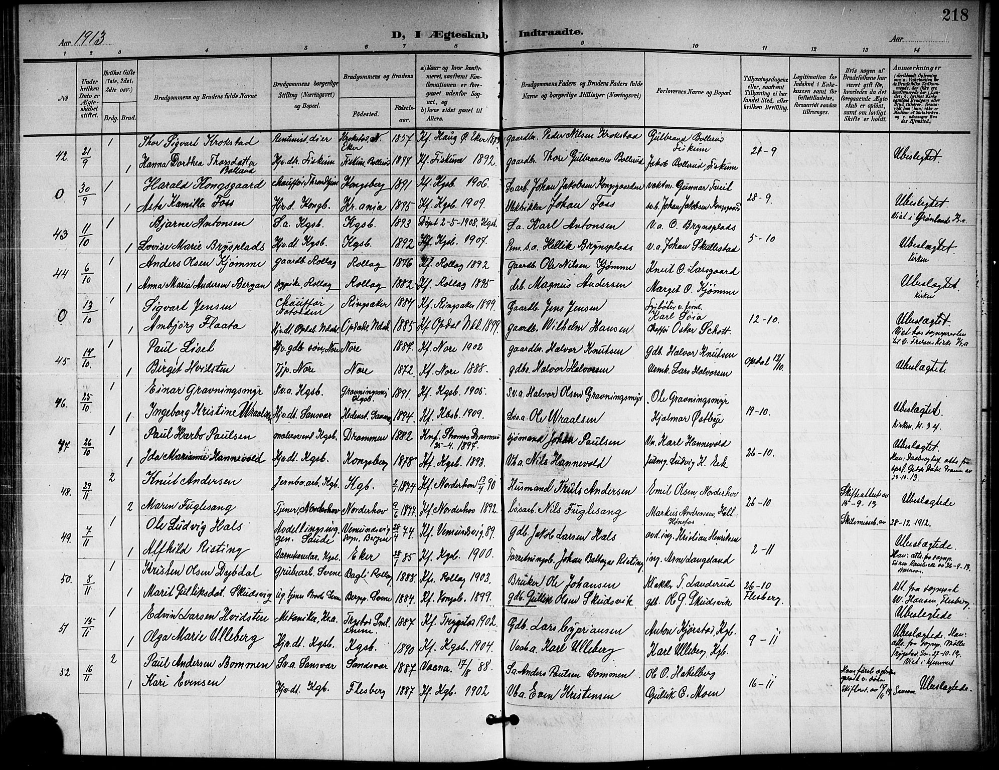 Kongsberg kirkebøker, AV/SAKO-A-22/G/Ga/L0007: Parish register (copy) no. 7, 1901-1915, p. 218