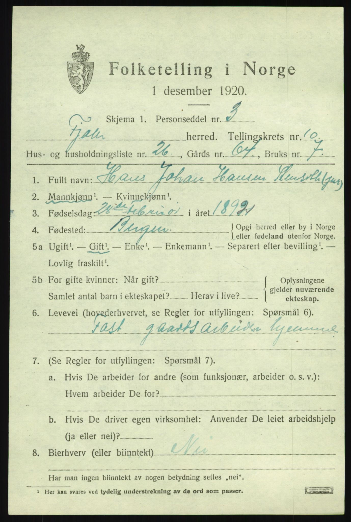 SAB, 1920 census for Fjaler, 1920, p. 5241