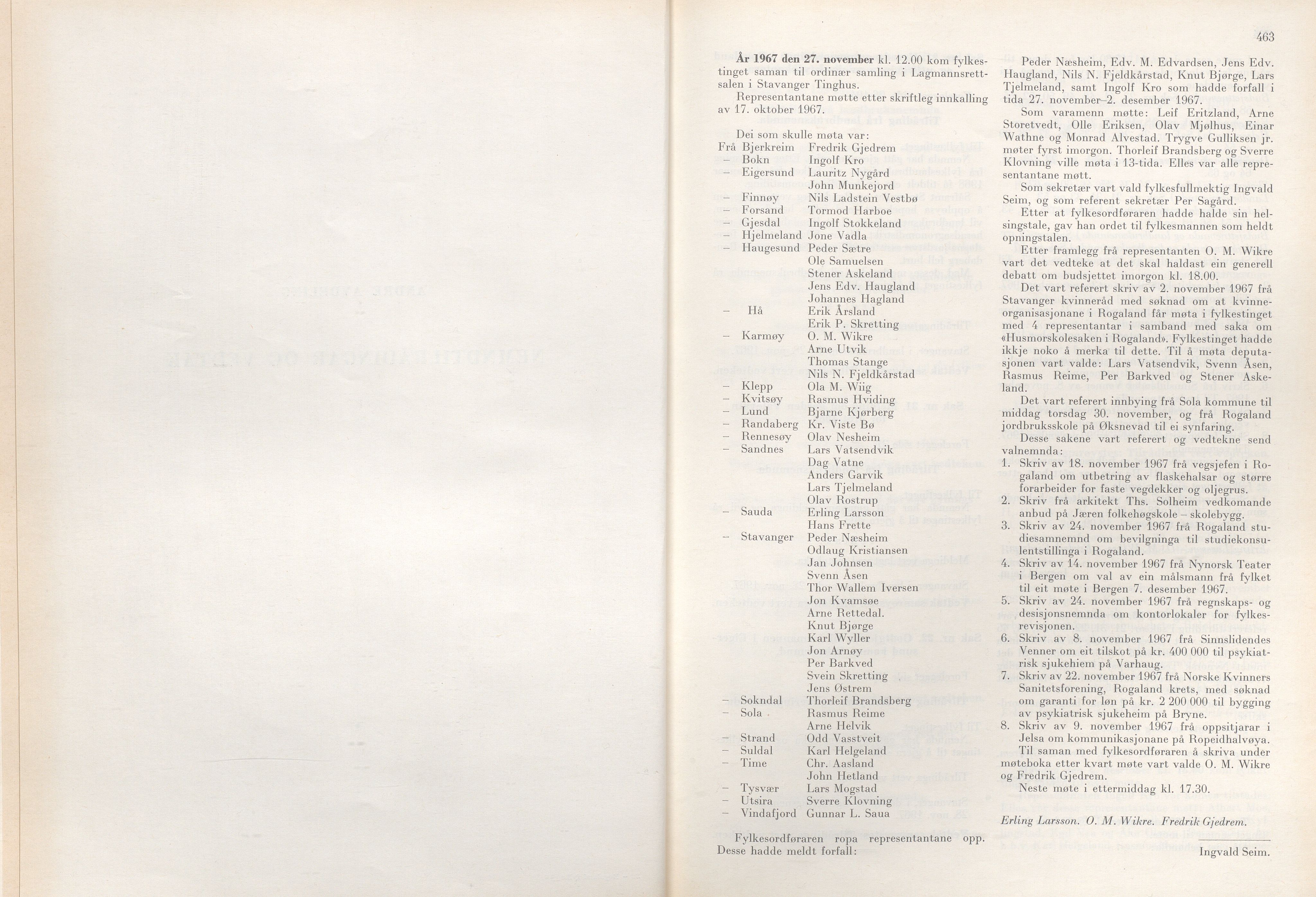 Rogaland fylkeskommune - Fylkesrådmannen , IKAR/A-900/A/Aa/Aaa/L0087: Møtebok , 1967, p. 463