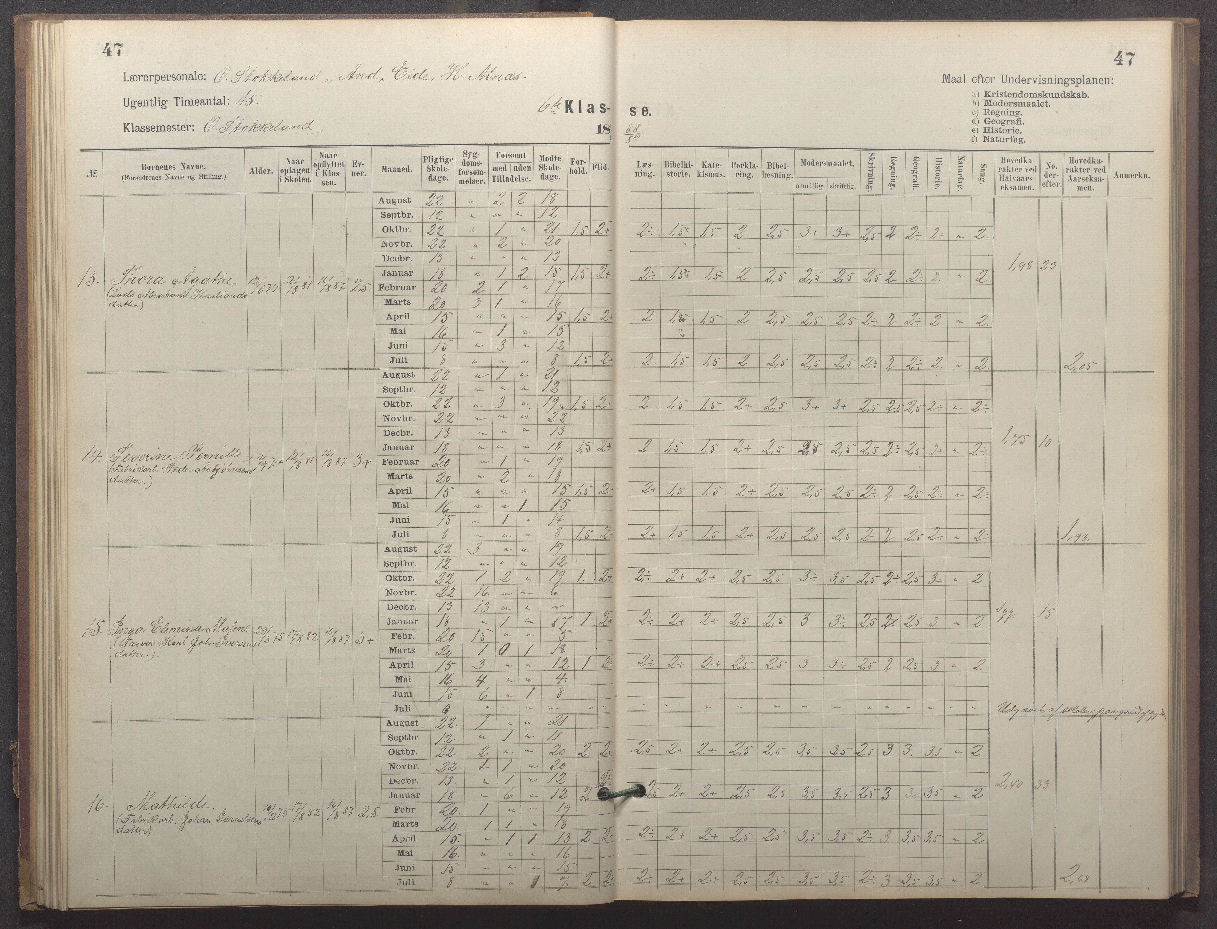 Egersund kommune (Ladested) - Egersund almueskole/folkeskole, IKAR/K-100521/H/L0023: Skoleprotokoll - Almueskolen, 6. klasse, 1886-1892, p. 47