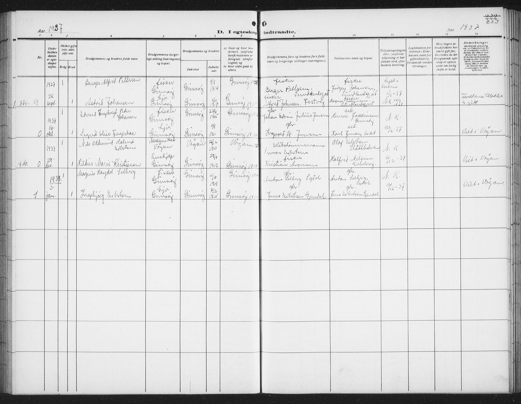 Ministerialprotokoller, klokkerbøker og fødselsregistre - Nordland, AV/SAT-A-1459/876/L1106: Parish register (copy) no. 876C05, 1915-1942, p. 223