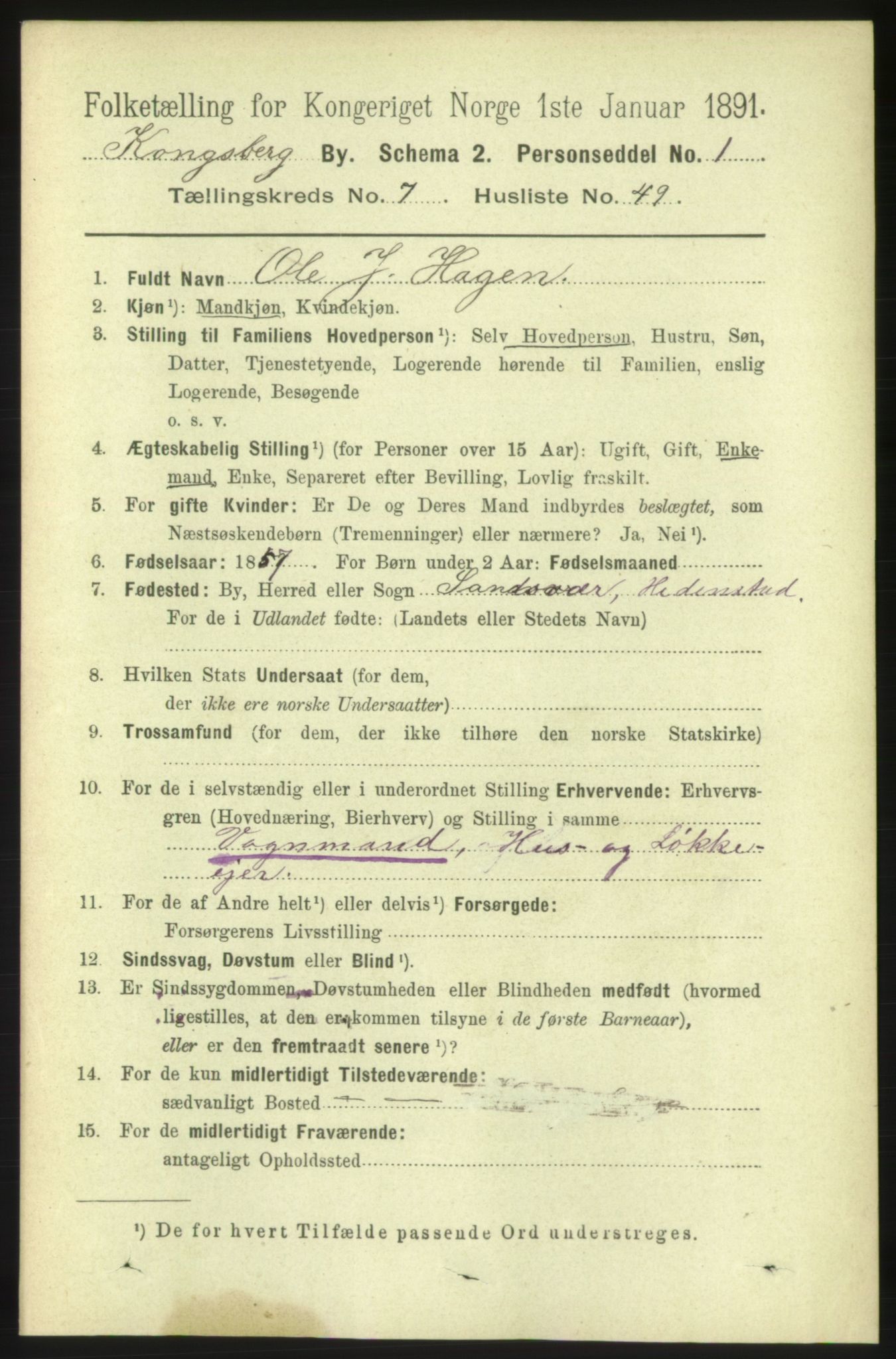 RA, 1891 census for 0604 Kongsberg, 1891, p. 5478