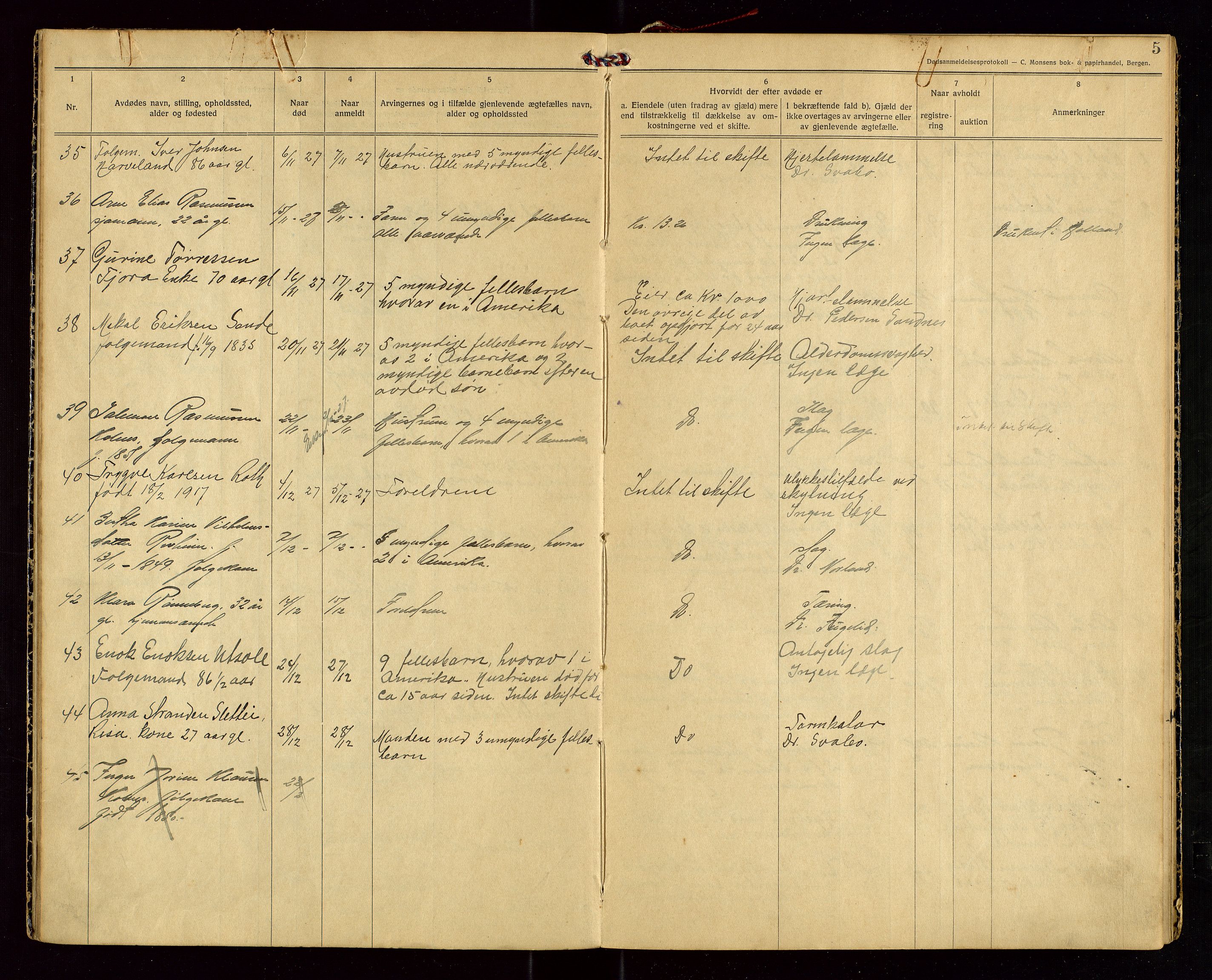 Håland lensmannskontor, AV/SAST-A-100100/Gga/L0003: "Dødsanmeldelser 1926 - 1931 for Haaland", 1926-1931, p. 5