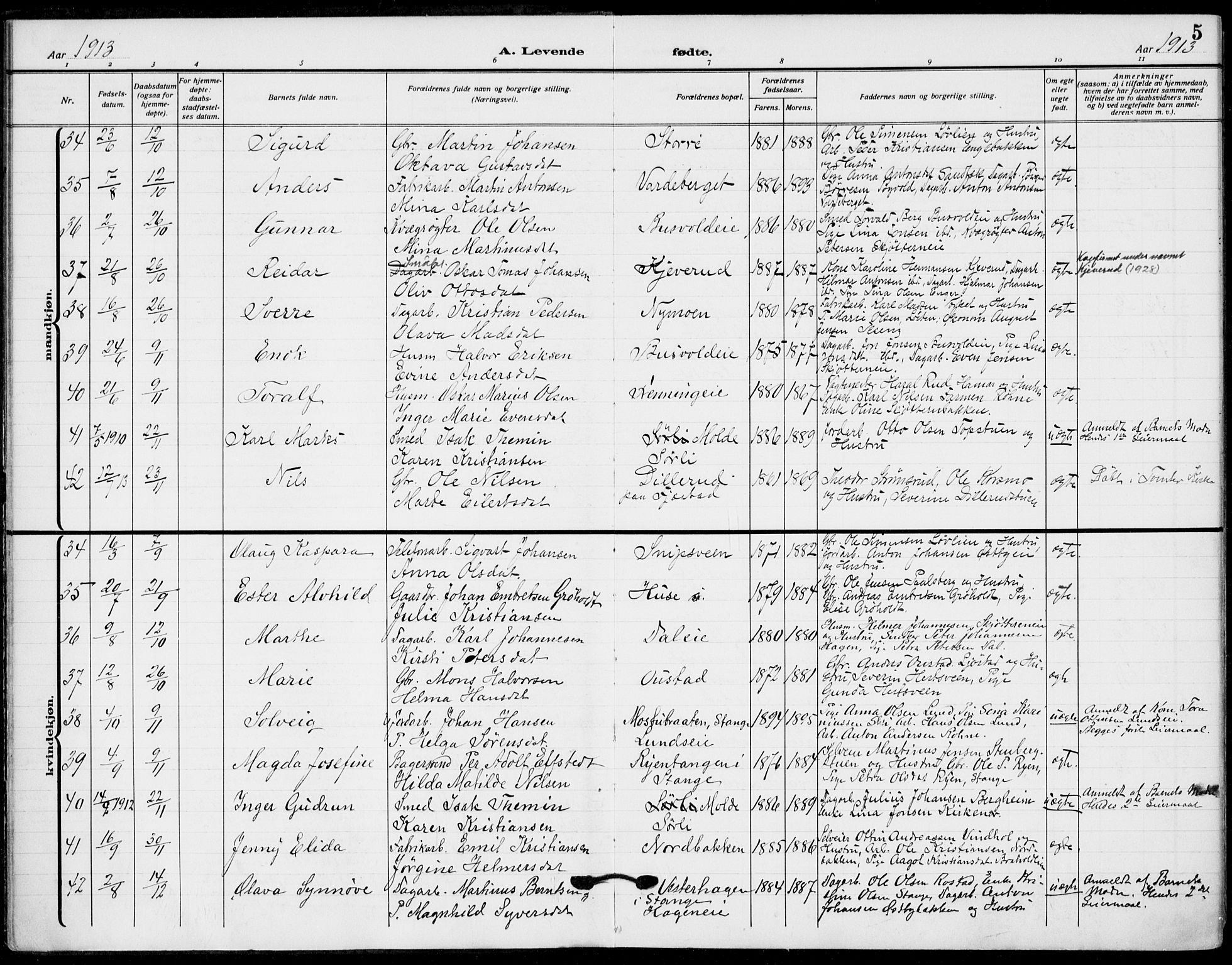 Romedal prestekontor, AV/SAH-PREST-004/K/L0012: Parish register (official) no. 12, 1913-1935, p. 5