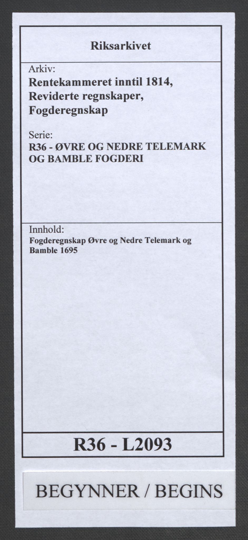 Rentekammeret inntil 1814, Reviderte regnskaper, Fogderegnskap, RA/EA-4092/R36/L2093: Fogderegnskap Øvre og Nedre Telemark og Bamble, 1695, p. 1