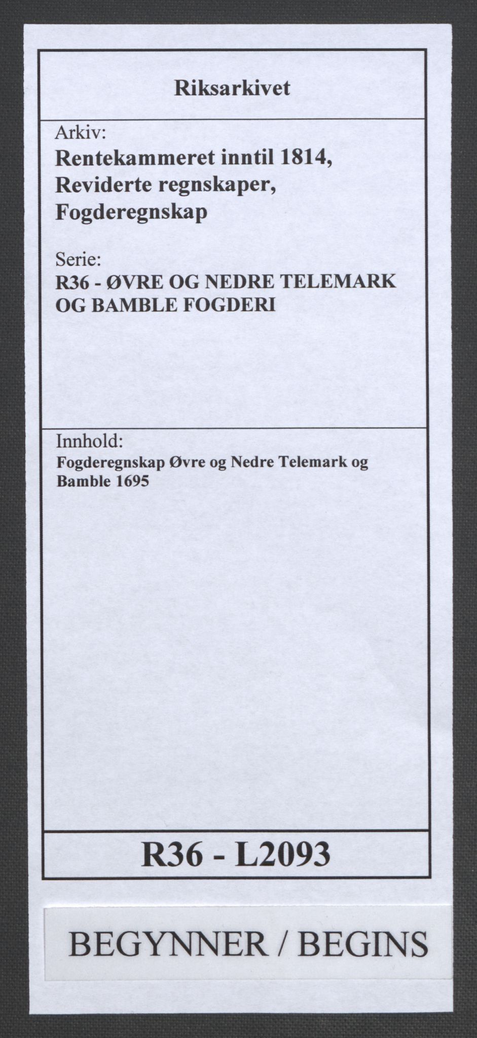 Rentekammeret inntil 1814, Reviderte regnskaper, Fogderegnskap, AV/RA-EA-4092/R36/L2093: Fogderegnskap Øvre og Nedre Telemark og Bamble, 1695, p. 1