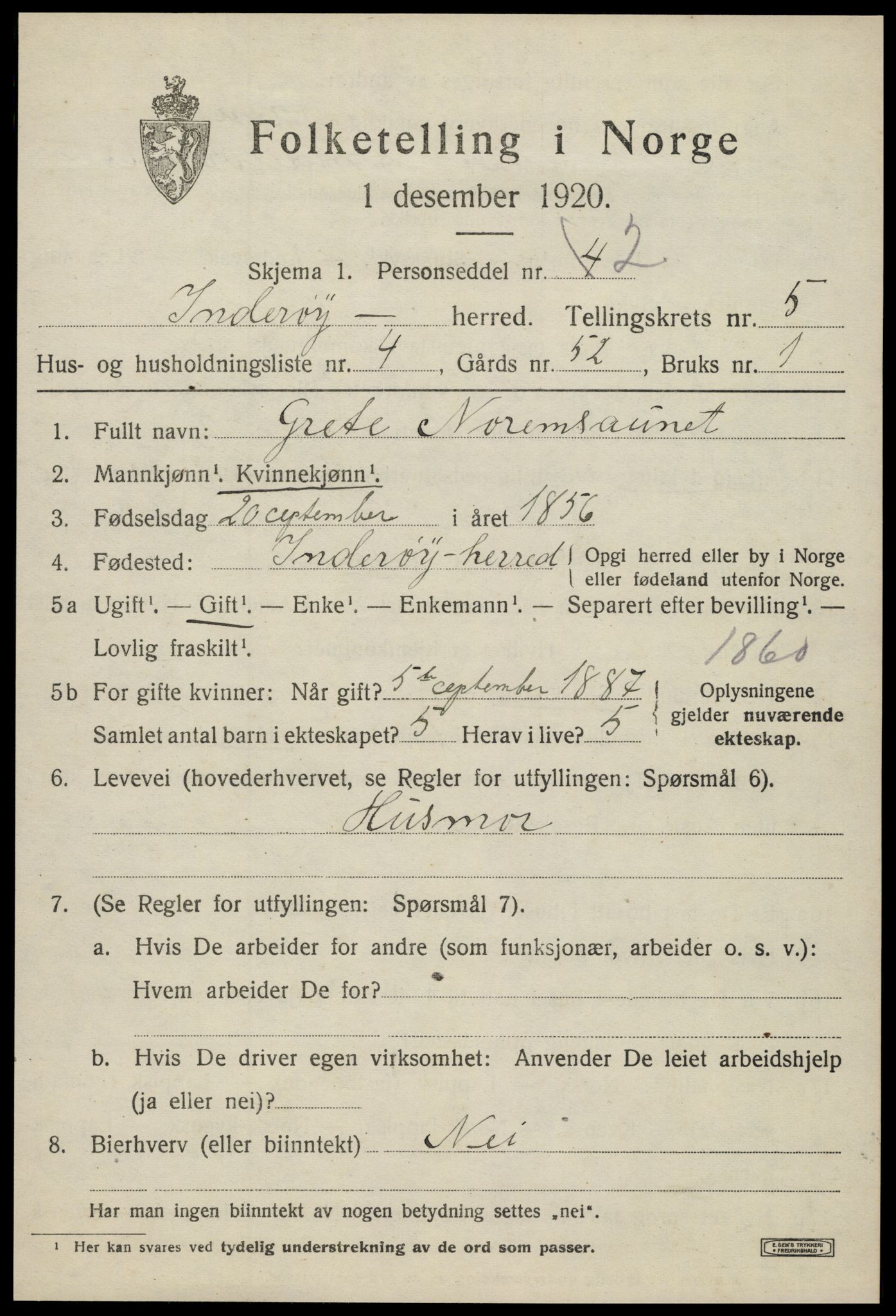 SAT, 1920 census for Inderøy, 1920, p. 4239