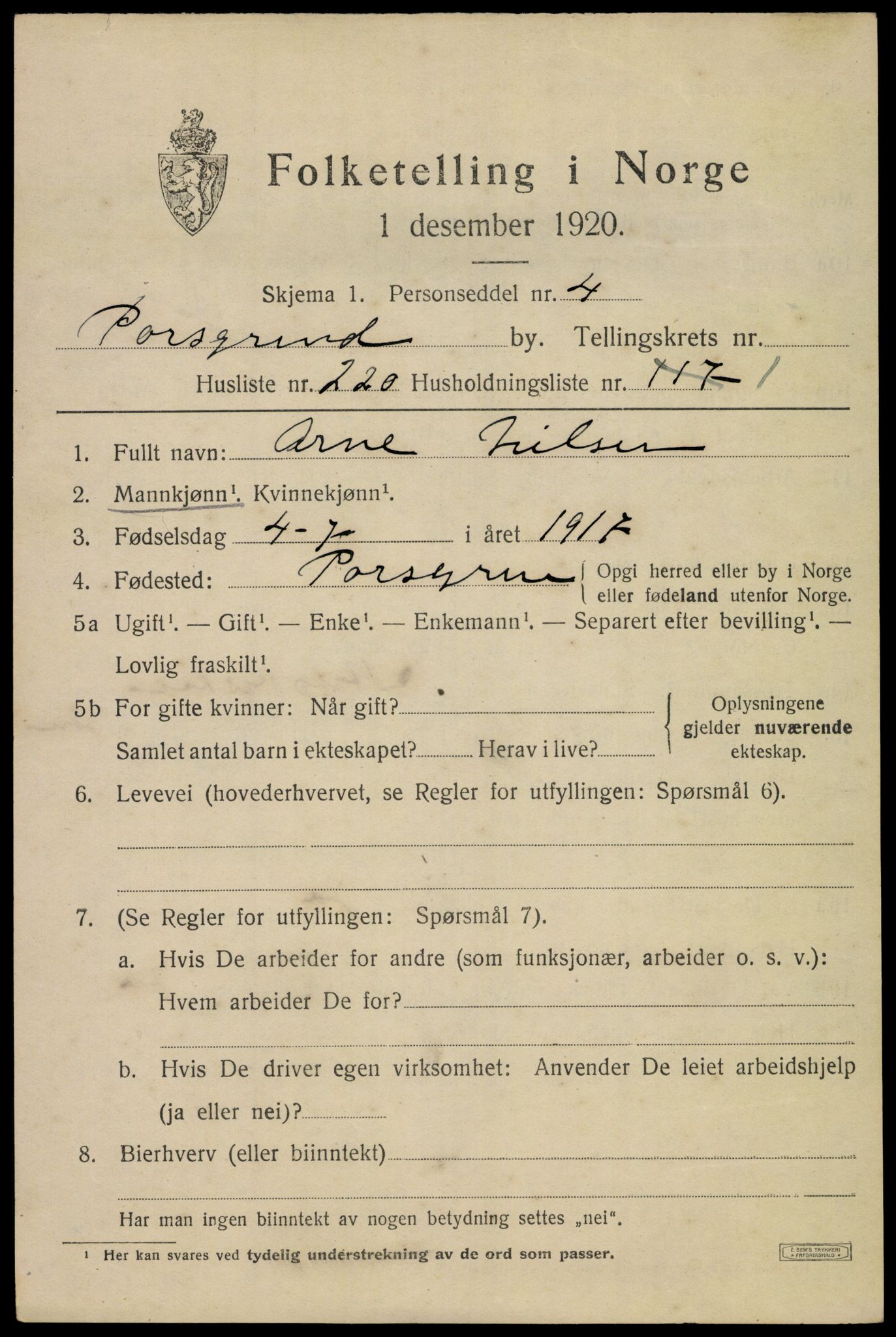 SAKO, 1920 census for Porsgrunn, 1920, p. 21539