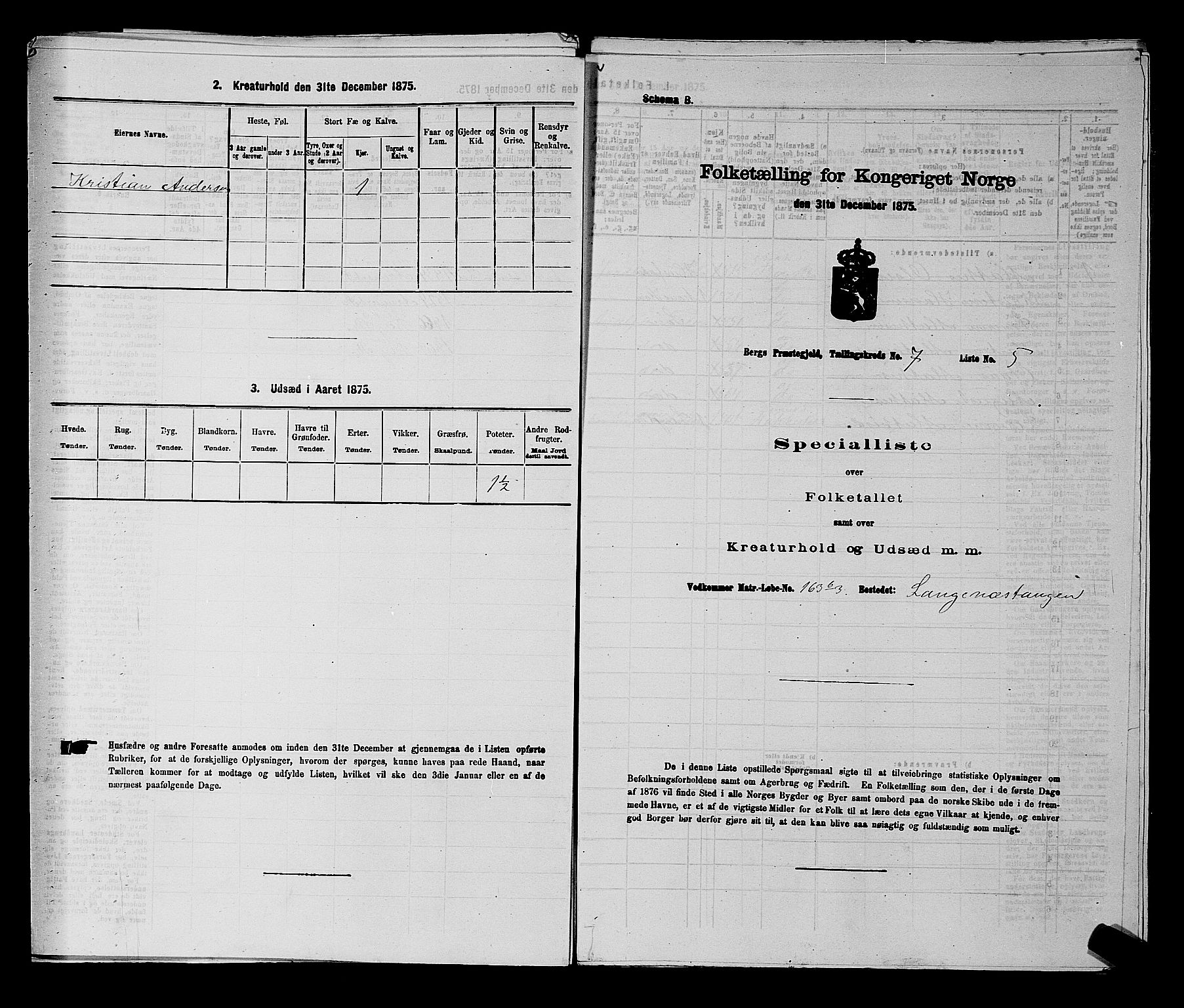 RA, 1875 census for 0116P Berg, 1875, p. 1109