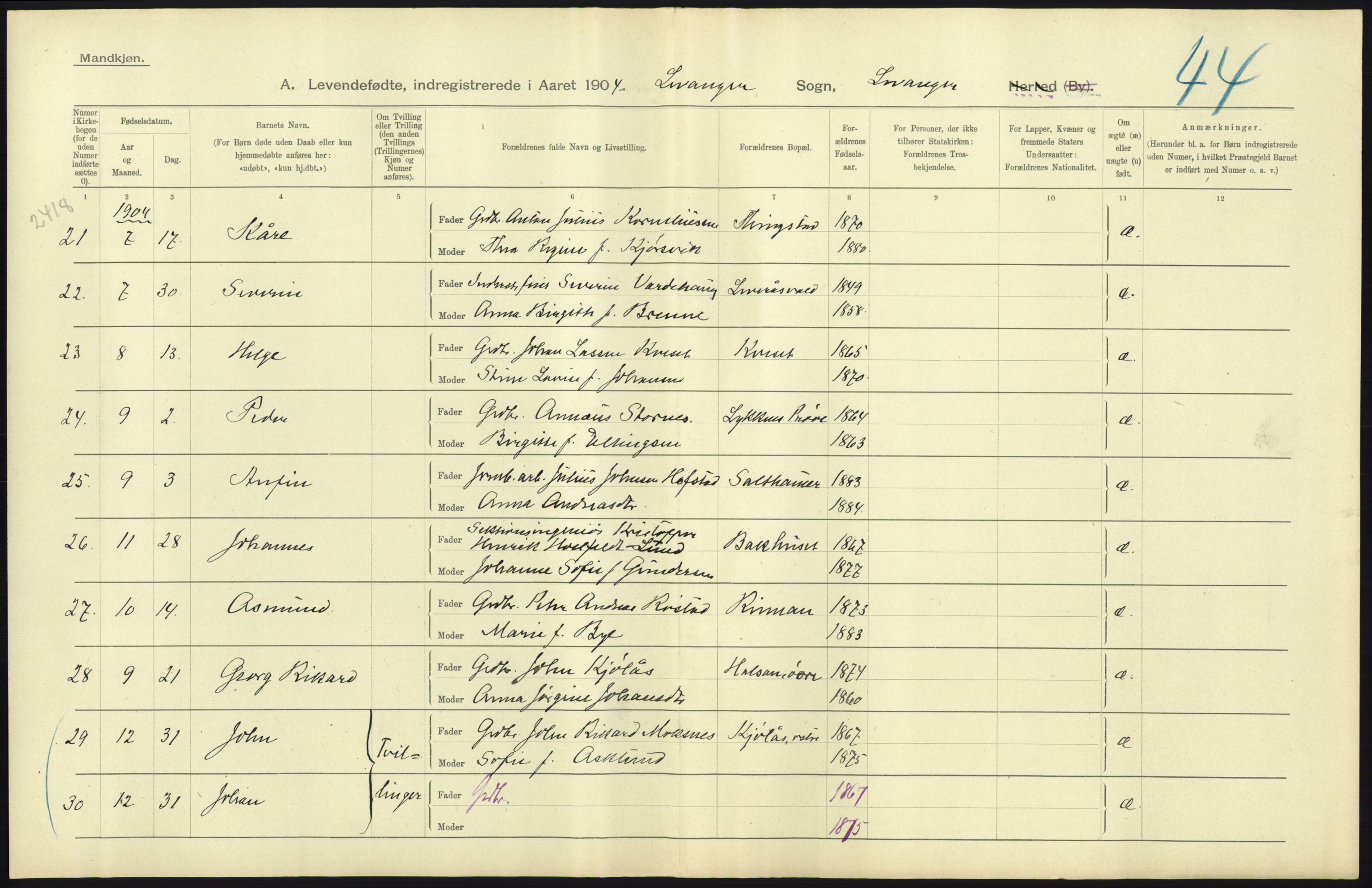 Statistisk sentralbyrå, Sosiodemografiske emner, Befolkning, AV/RA-S-2228/D/Df/Dfa/Dfab/L0019: Nordre Trondhjems amt: Fødte, gifte, døde, 1904, p. 129