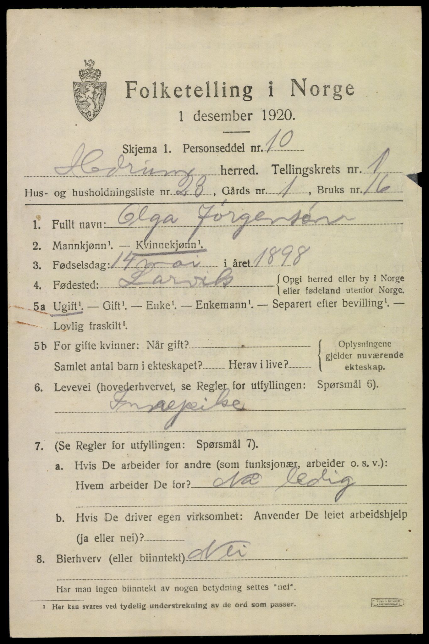 SAKO, 1920 census for Hedrum, 1920, p. 2313