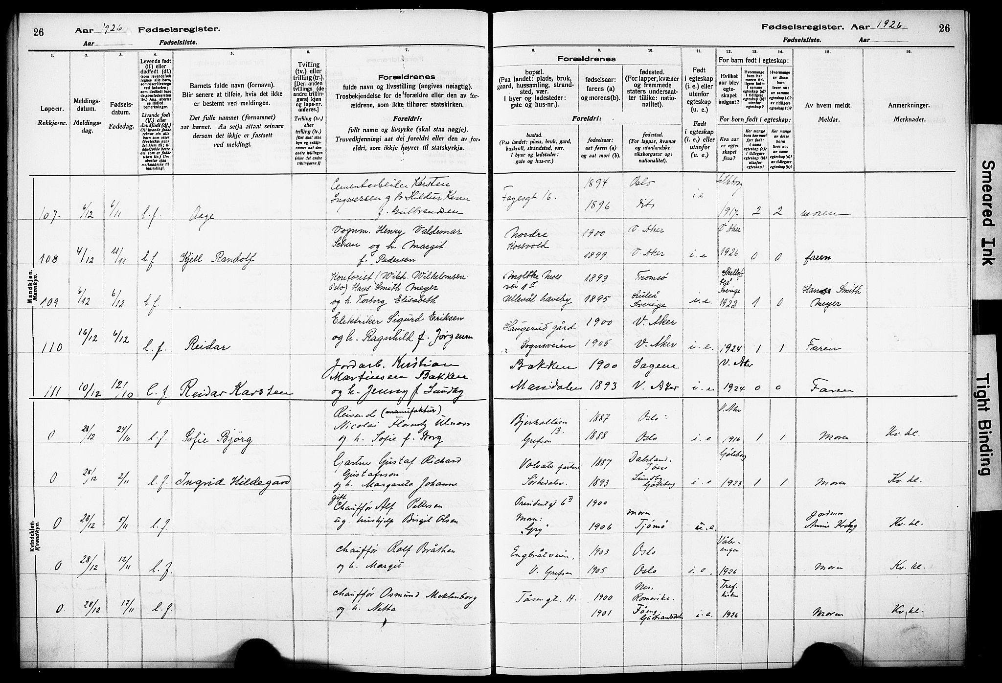 Vestre Aker prestekontor Kirkebøker, AV/SAO-A-10025/J/Ja/L0003: Birth register no. 3, 1926-1930, p. 26