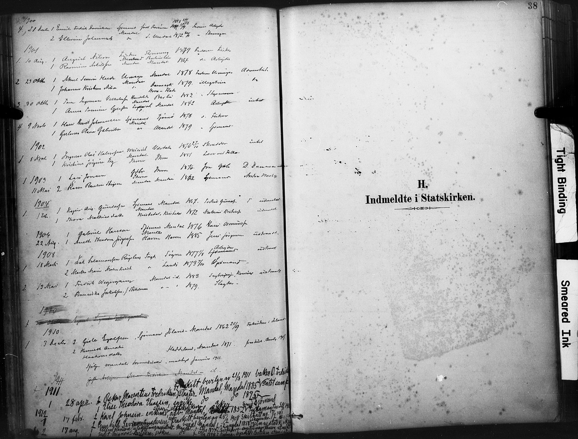 Mandal sokneprestkontor, SAK/1111-0030/F/Fa/Faa/L0017: Parish register (official) no. A 17, 1880-1926, p. 38