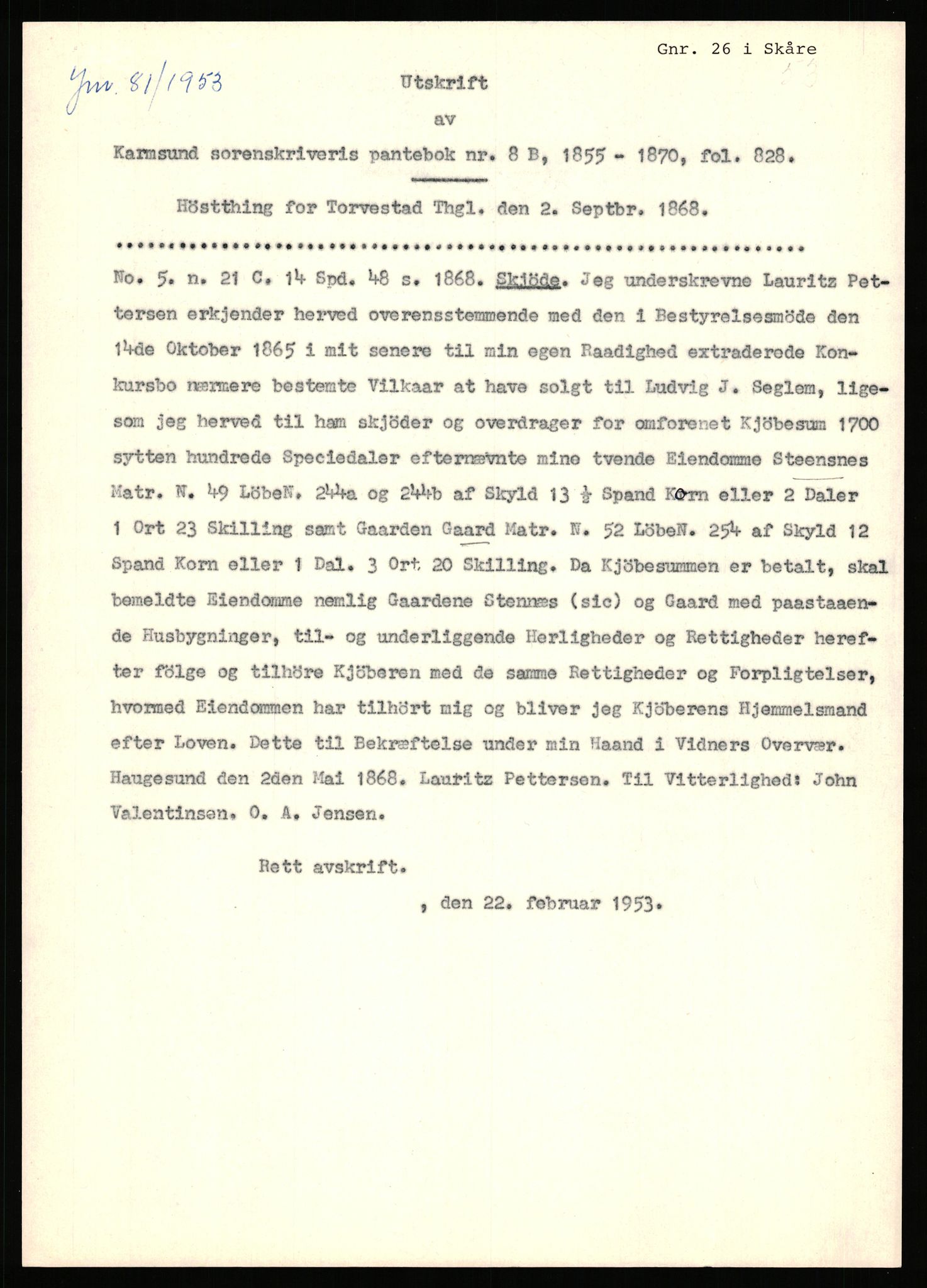 Statsarkivet i Stavanger, AV/SAST-A-101971/03/Y/Yj/L0024: Avskrifter sortert etter gårdsnavn: Fæøen - Garborg, 1750-1930, p. 740