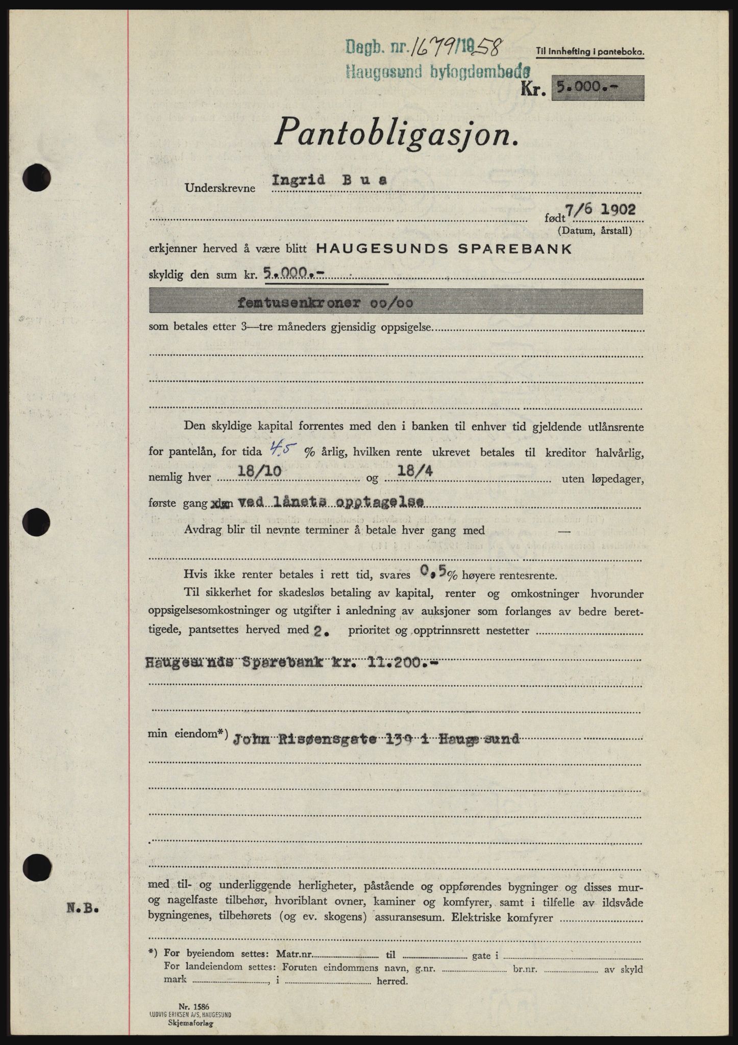 Haugesund tingrett, SAST/A-101415/01/II/IIC/L0044: Mortgage book no. B 44, 1958-1959, Diary no: : 1679/1958