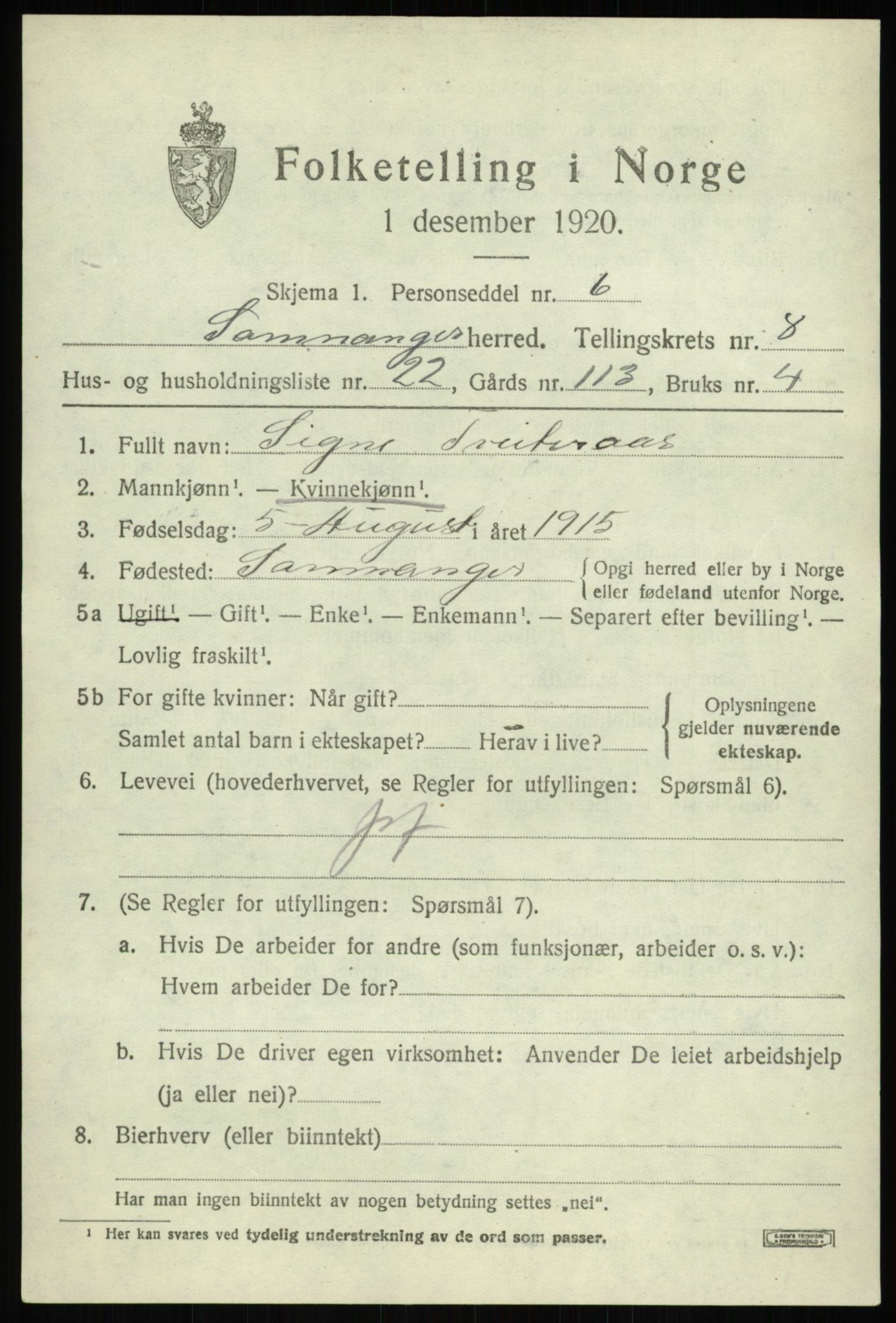 SAB, 1920 census for Samnanger, 1920, p. 3849