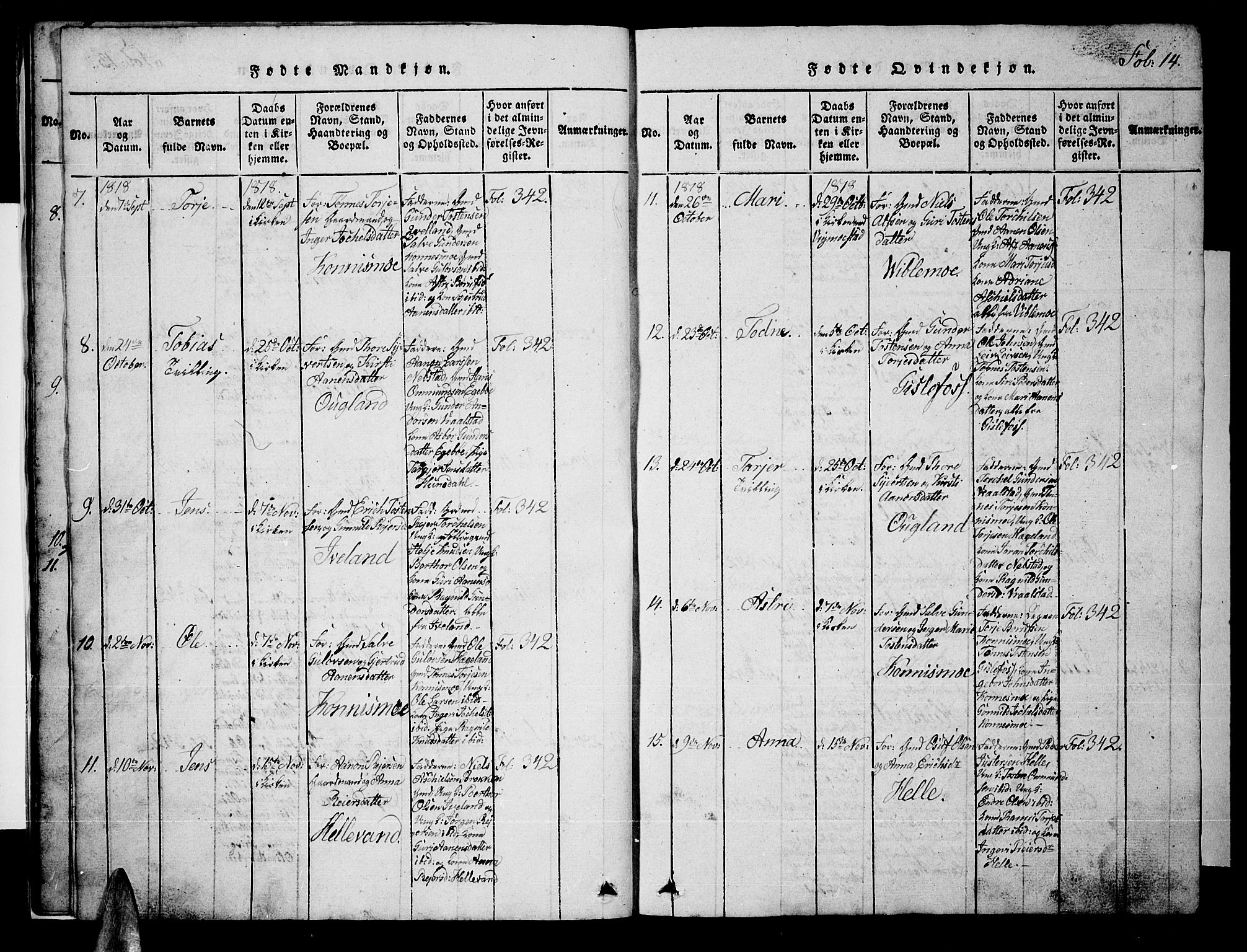 Nord-Audnedal sokneprestkontor, AV/SAK-1111-0032/F/Fb/Fba/L0001: Parish register (copy) no. B 1, 1815-1856, p. 14