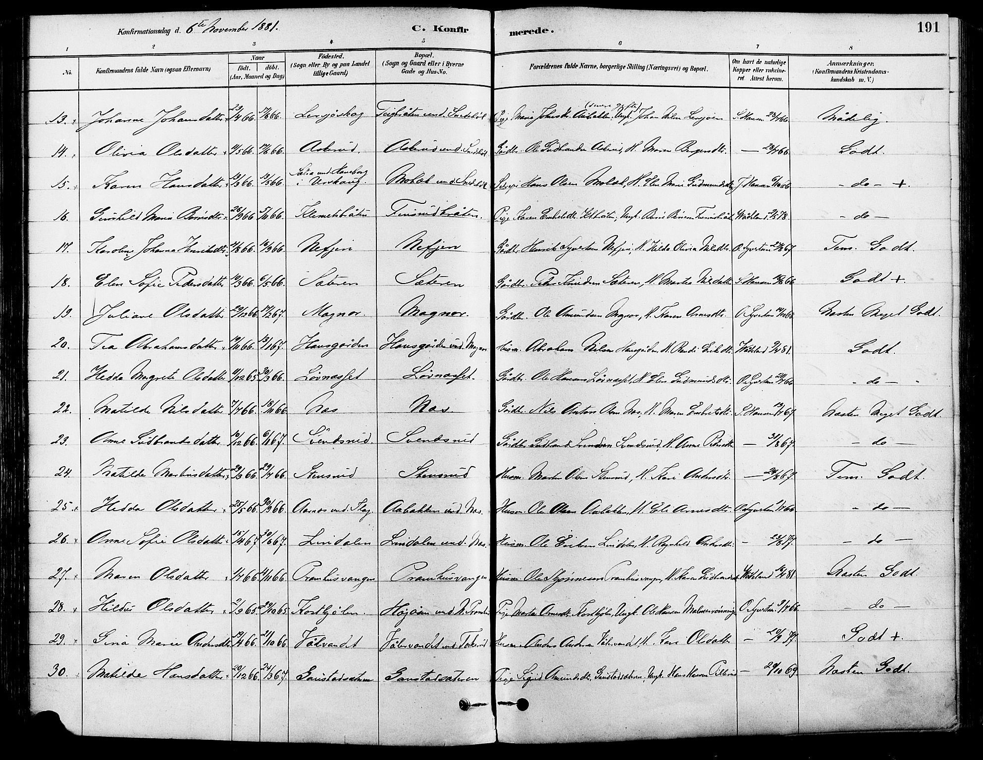 Eidskog prestekontor, AV/SAH-PREST-026/H/Ha/Haa/L0003: Parish register (official) no. 3, 1879-1892, p. 191