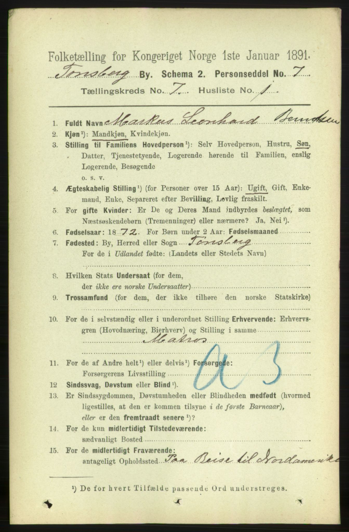 RA, 1891 census for 0705 Tønsberg, 1891, p. 2721