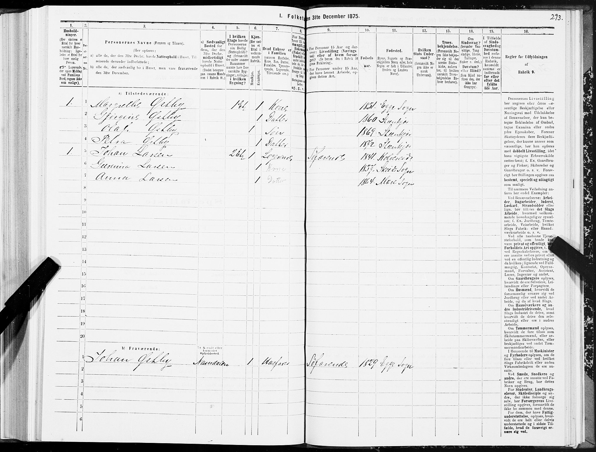 SAT, 1875 census for 1702B Steinkjer/Steinkjer, 1875, p. 293