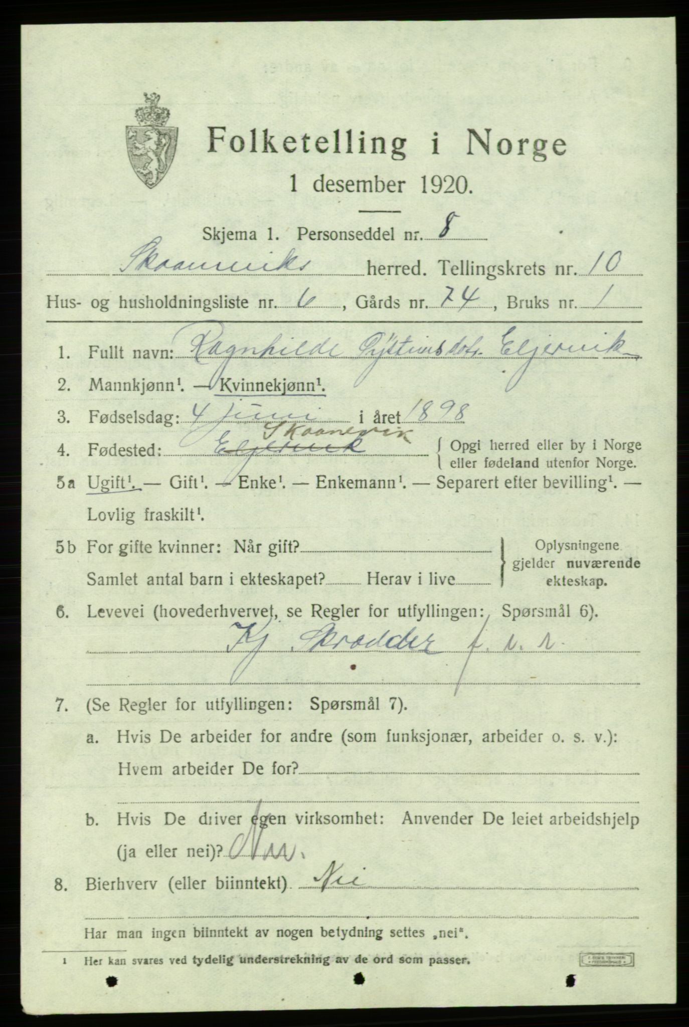 SAB, 1920 census for Skånevik, 1920, p. 5171