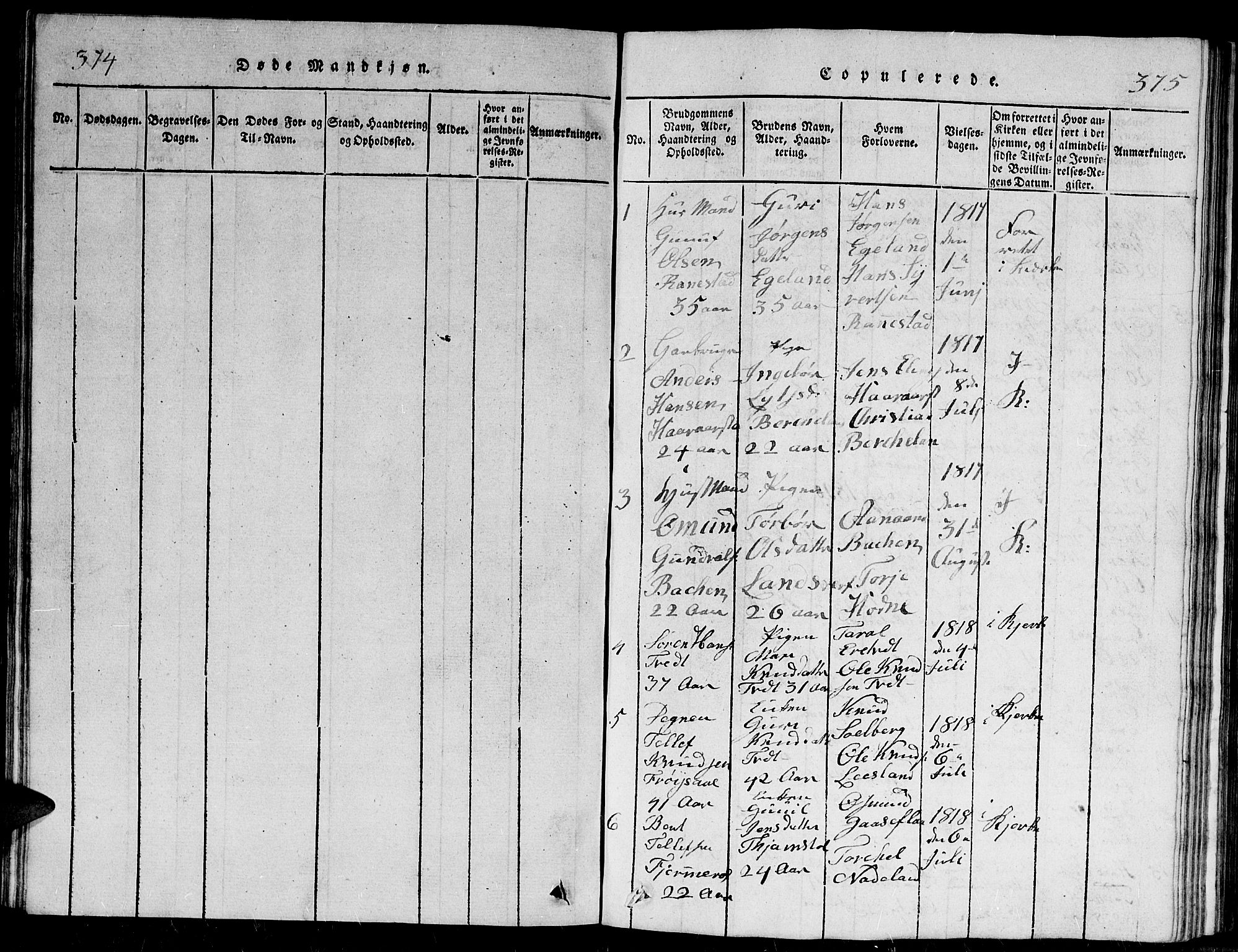 Evje sokneprestkontor, SAK/1111-0008/F/Fb/Fbc/L0001: Parish register (copy) no. B 1, 1816-1836, p. 374-375