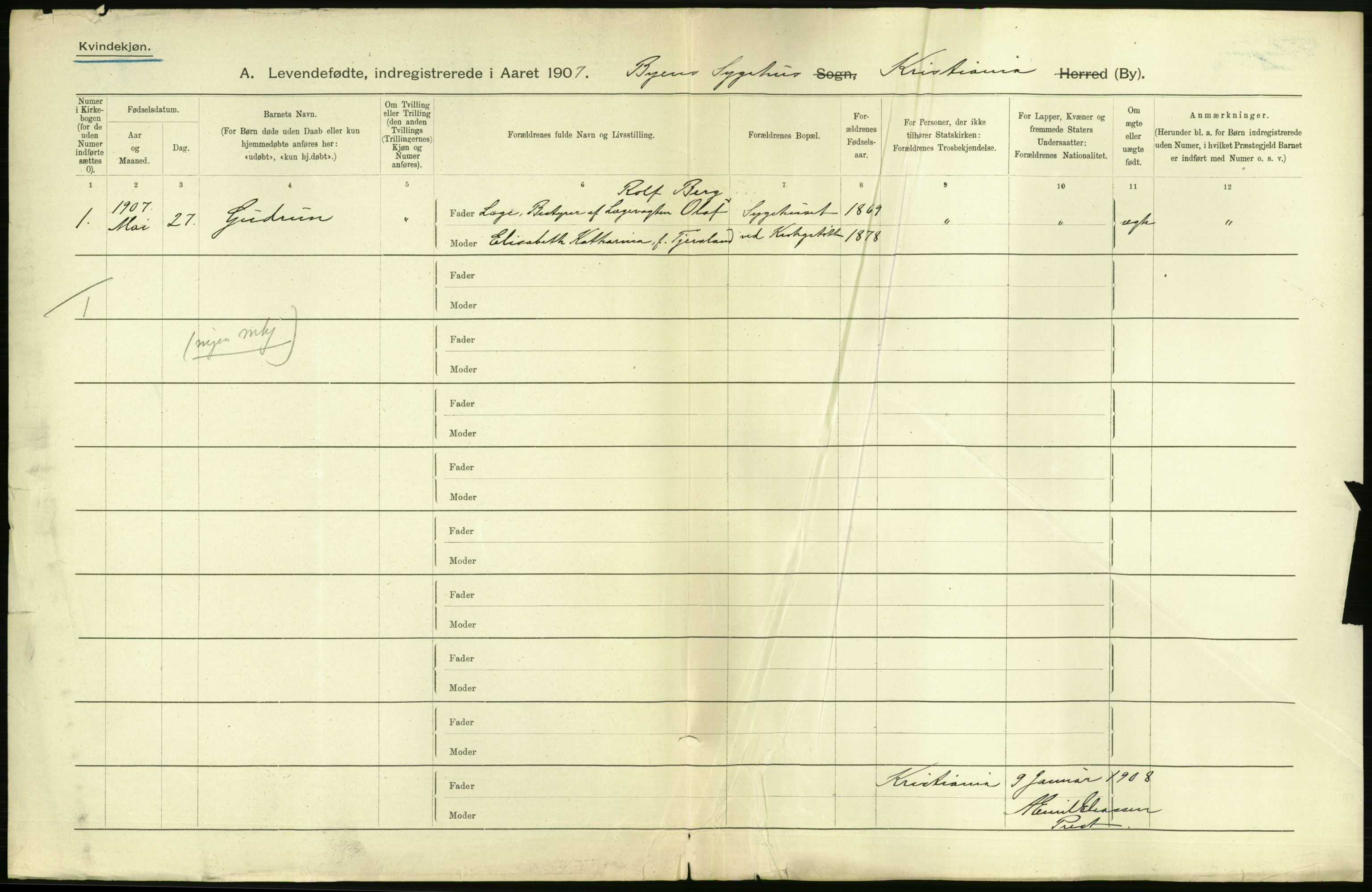 Statistisk sentralbyrå, Sosiodemografiske emner, Befolkning, AV/RA-S-2228/D/Df/Dfa/Dfae/L0007: Kristiania: Levendefødte menn og kvinner., 1907, p. 416