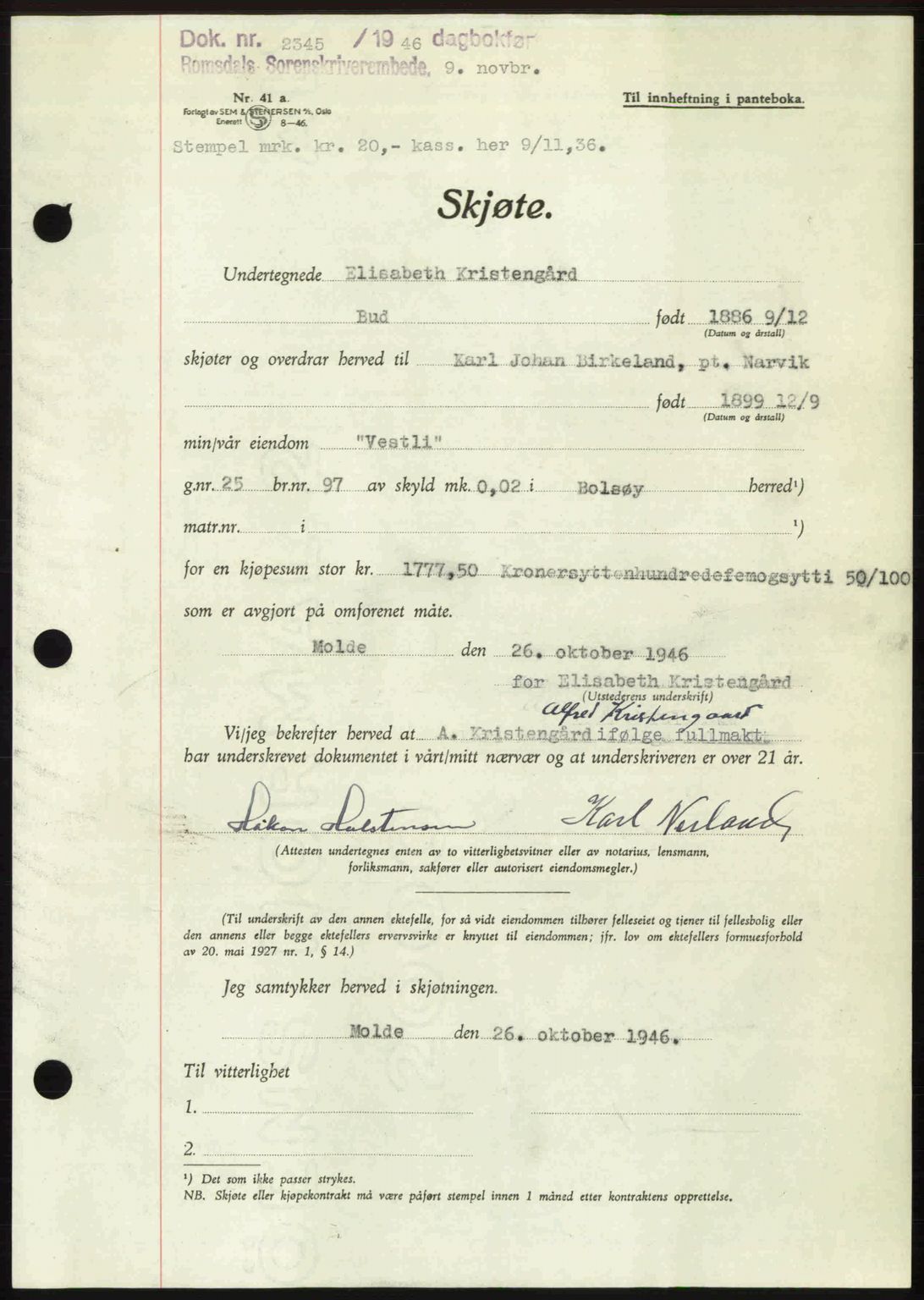 Romsdal sorenskriveri, AV/SAT-A-4149/1/2/2C: Mortgage book no. A21, 1946-1946, Diary no: : 2345/1946