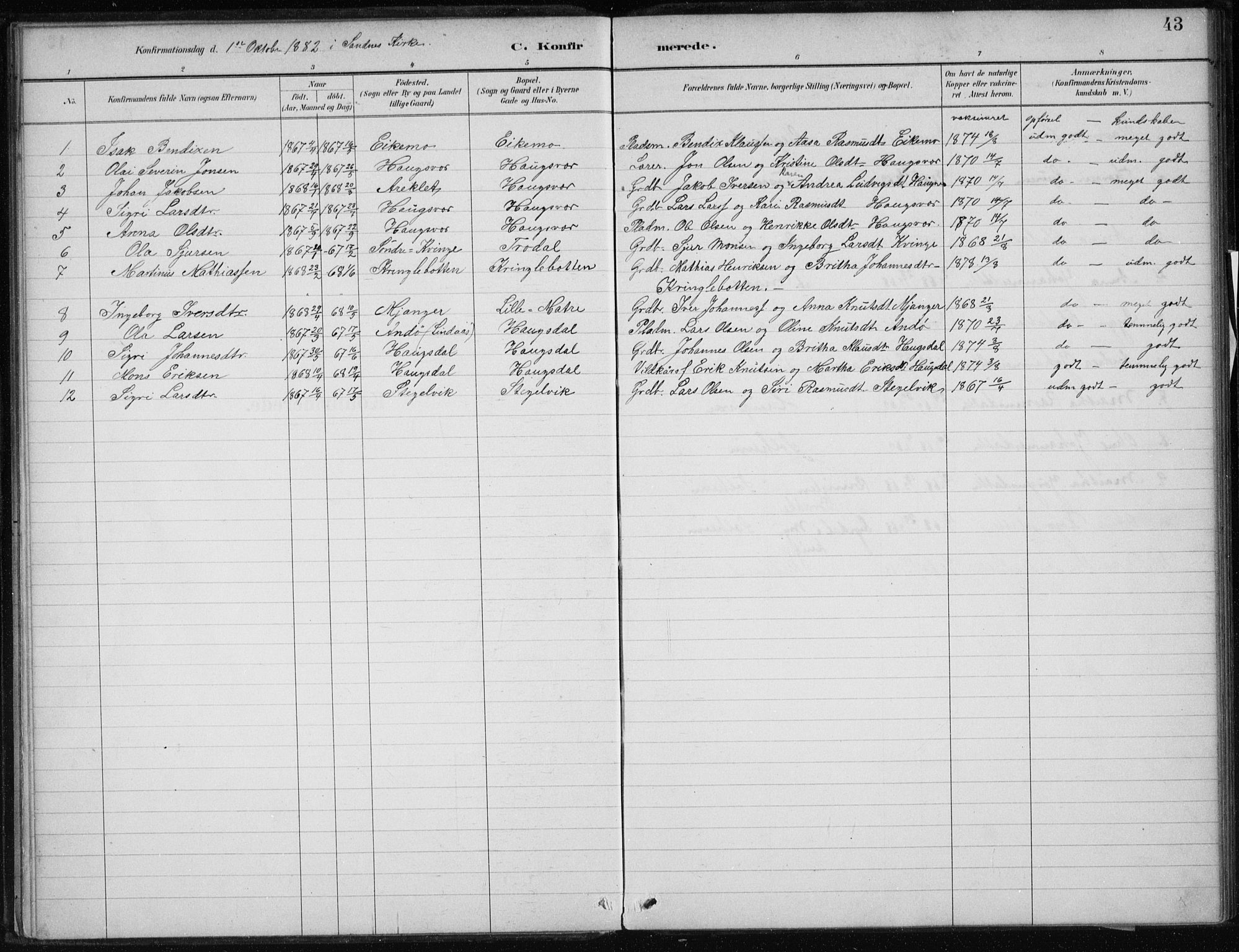 Masfjorden Sokneprestembete, SAB/A-77001: Parish register (official) no. C  1, 1882-1896, p. 43