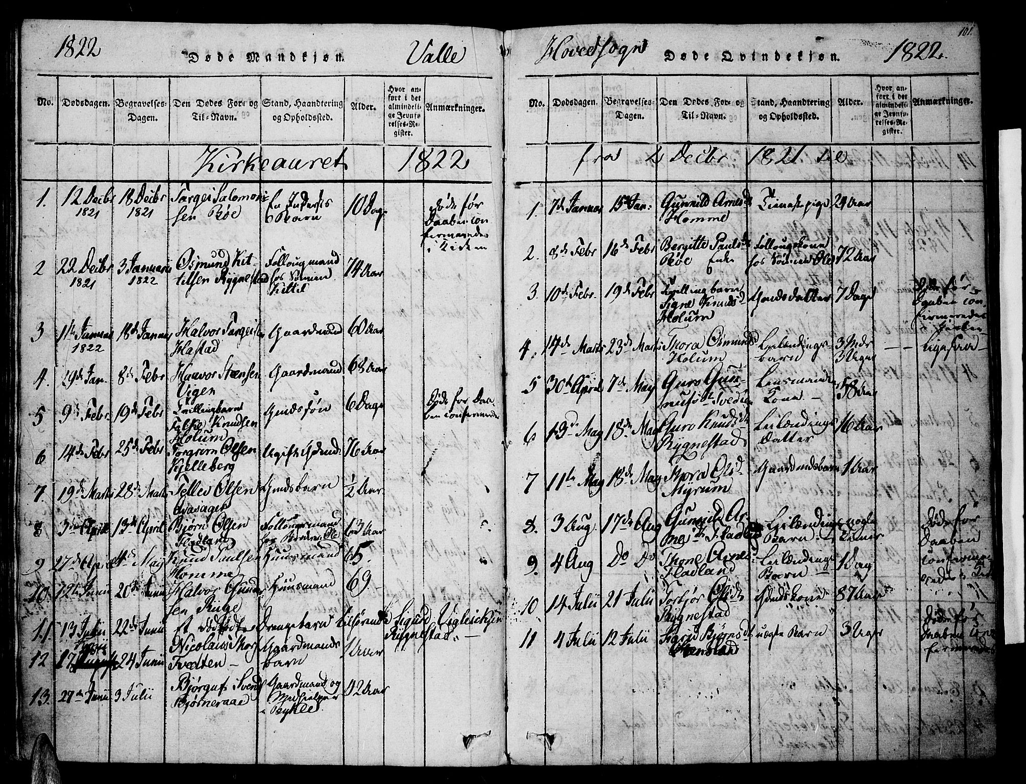 Valle sokneprestkontor, AV/SAK-1111-0044/F/Fa/Fac/L0005: Parish register (official) no. A 5 /1, 1816-1831, p. 101