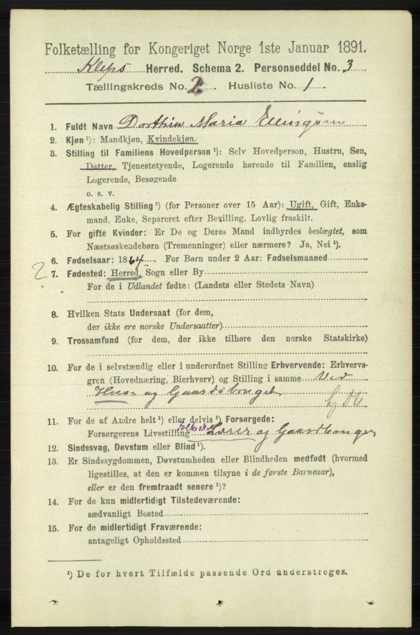 RA, 1891 census for 1120 Klepp, 1891, p. 361