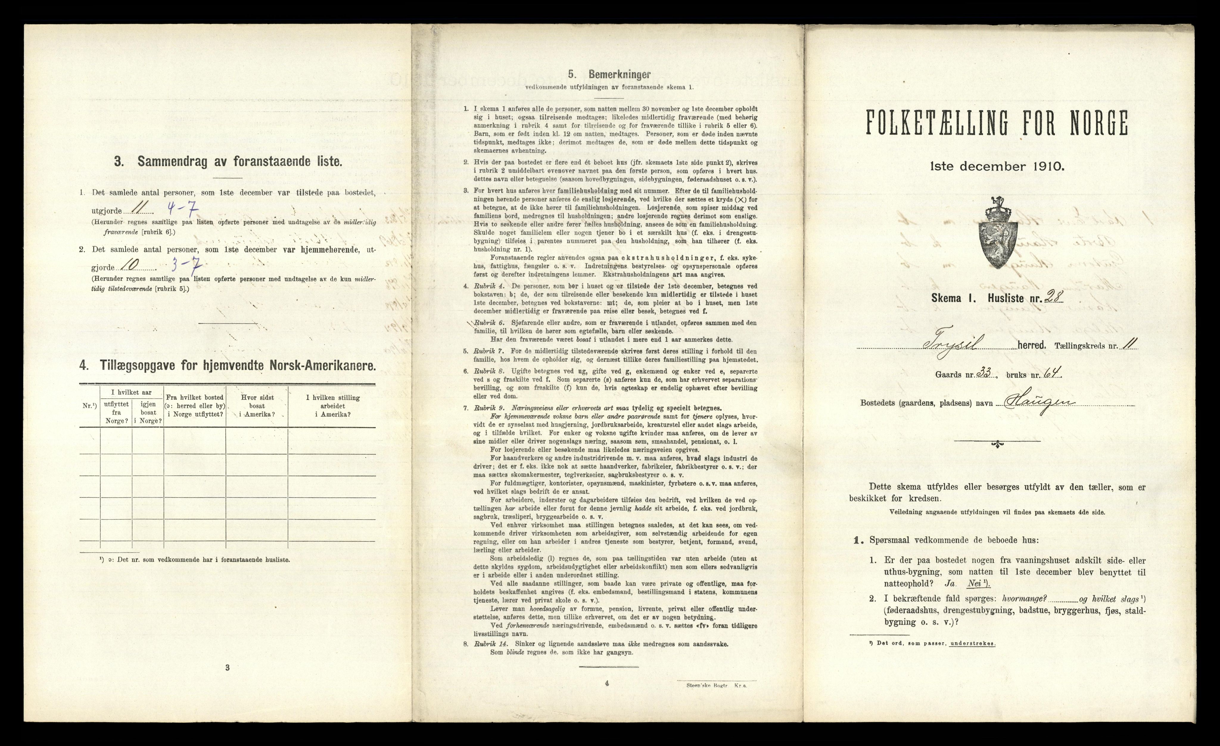 RA, 1910 census for Trysil, 1910, p. 1365