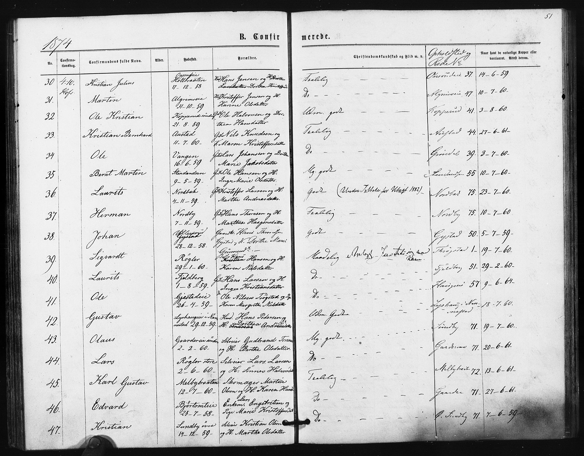 Ullensaker prestekontor Kirkebøker, SAO/A-10236a/F/Fa/L0017: Parish register (official) no. I 17, 1871-1875, p. 51