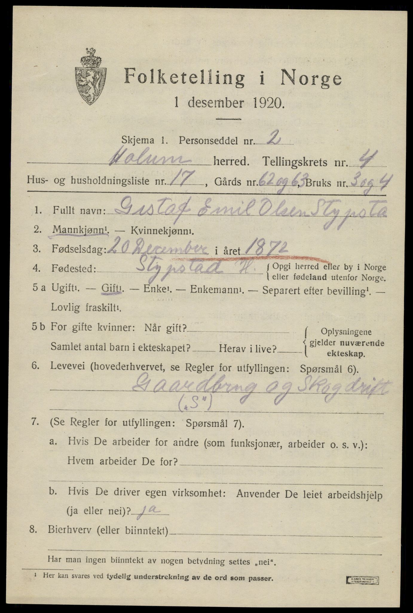 SAK, 1920 census for Holum, 1920, p. 2101