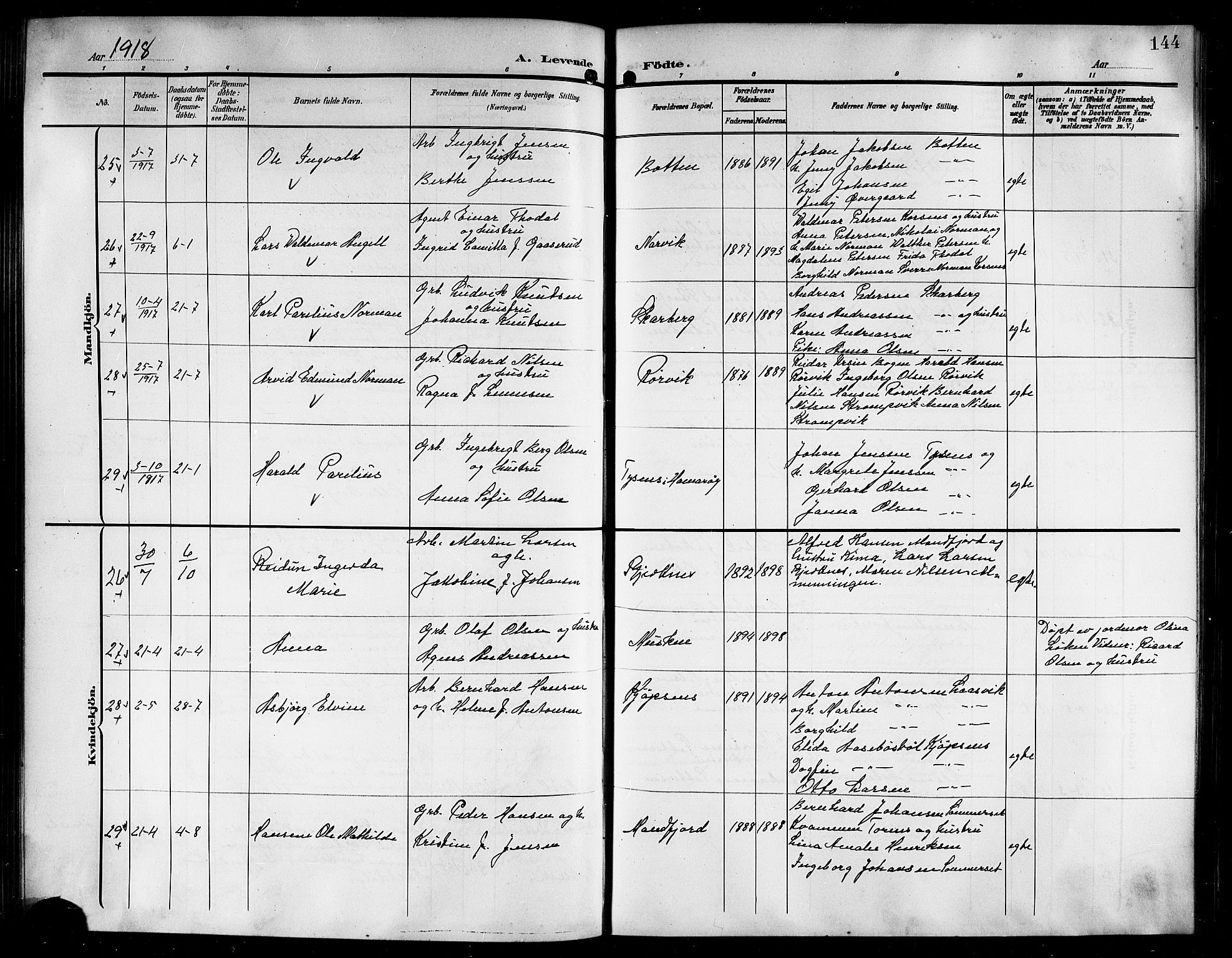 Ministerialprotokoller, klokkerbøker og fødselsregistre - Nordland, AV/SAT-A-1459/861/L0877: Parish register (copy) no. 861C03, 1903-1919, p. 144