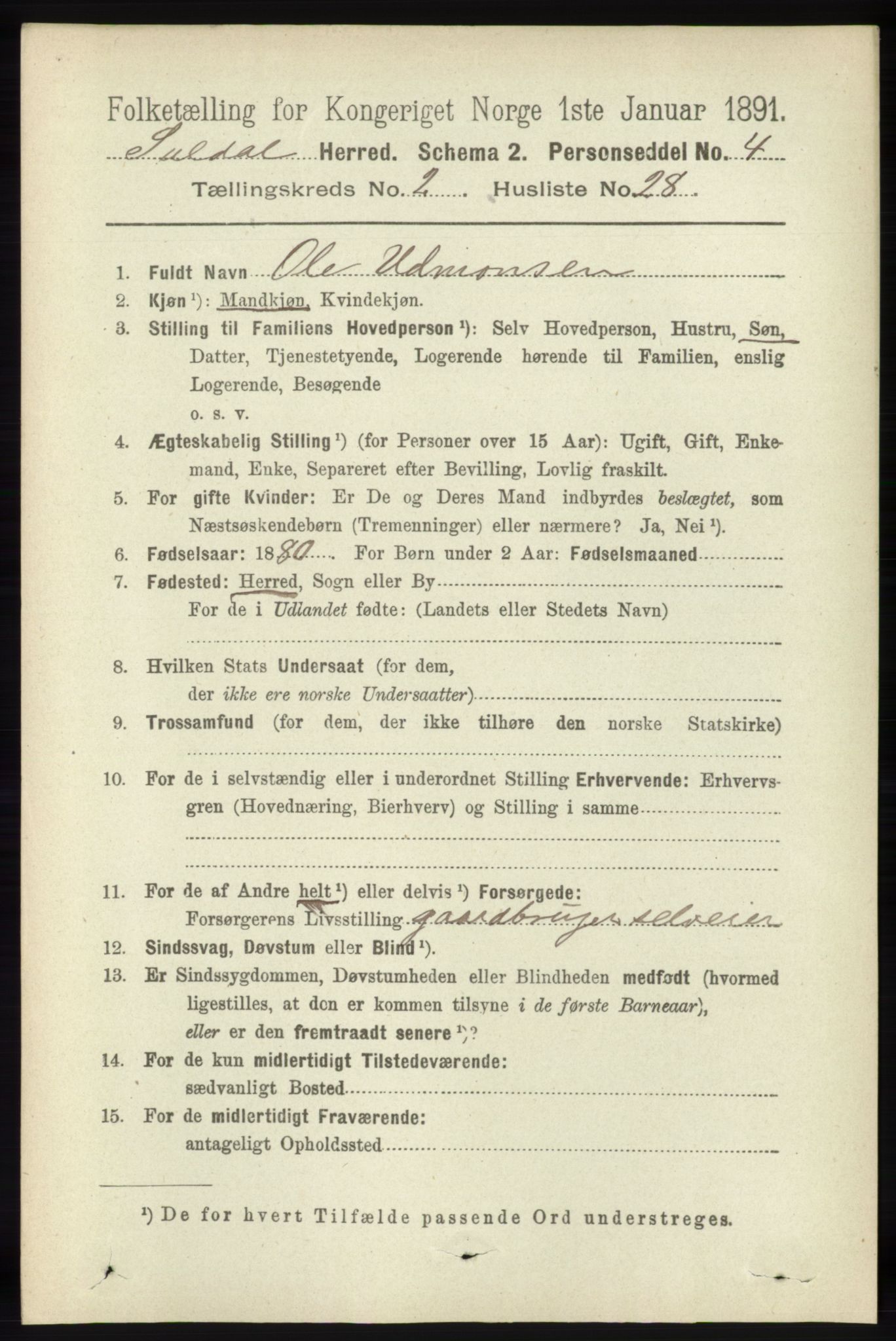 RA, 1891 census for 1134 Suldal, 1891, p. 406